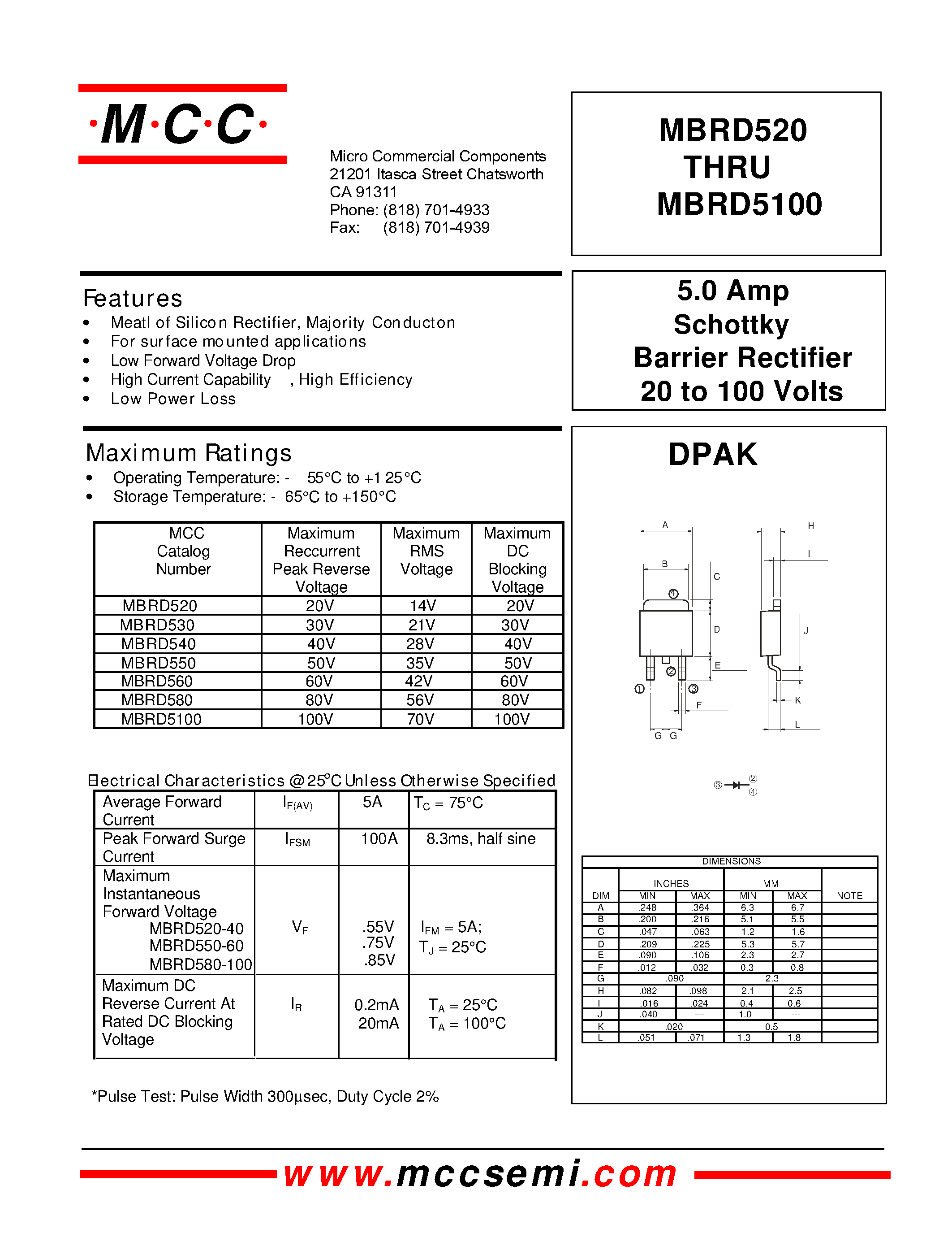Datasheet MBRD530 - Schottky Barrier Rectifier 20 to 100 Volts 5.0 Amp page 1