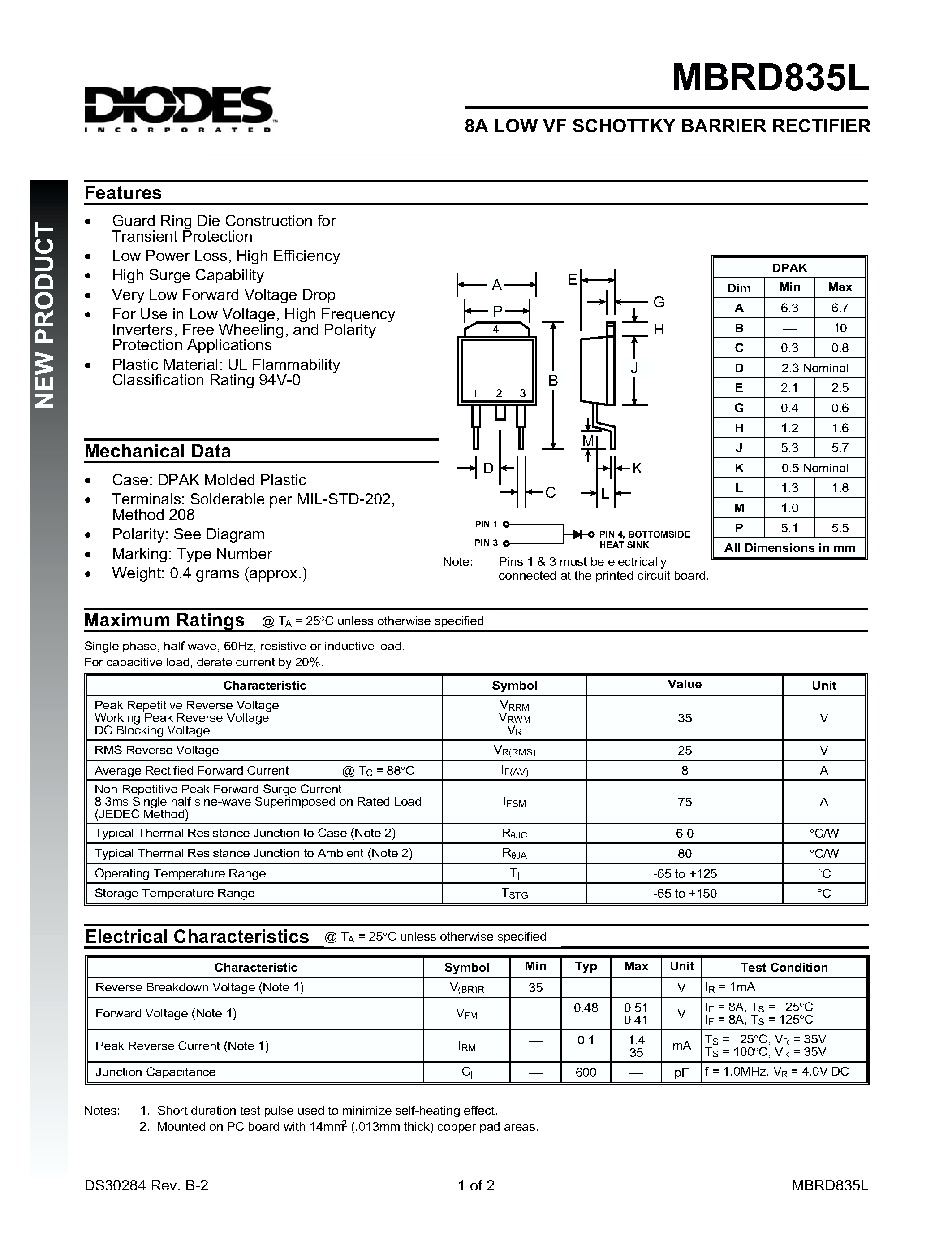 Даташит MBRD835L - 8A LOW VF SCHOTTKY BARRIER RECTIFIER страница 1