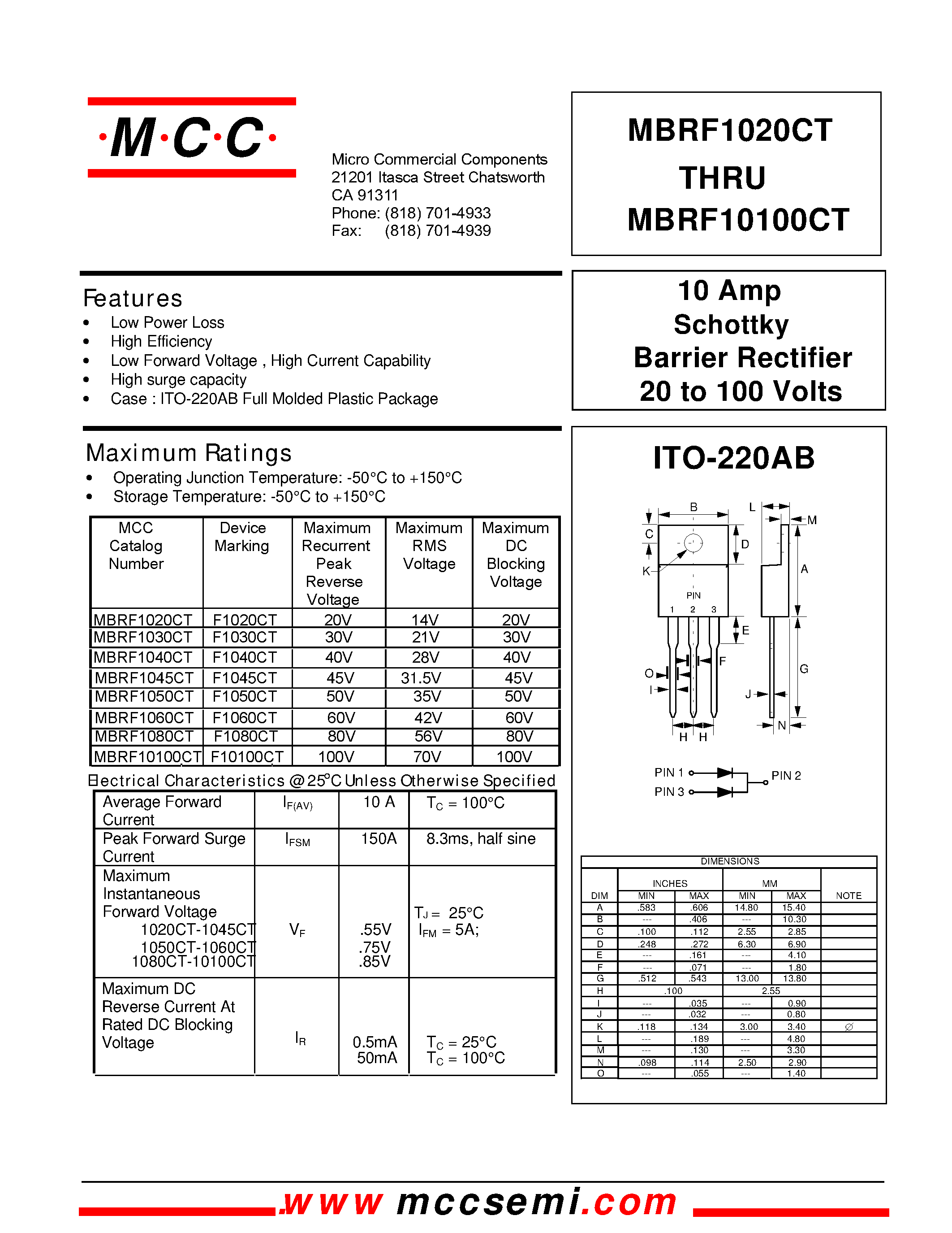 Даташит MBRF1040CT - 10 Amp Schottky Barrier Rectifier 20 to 100 Volts страница 1