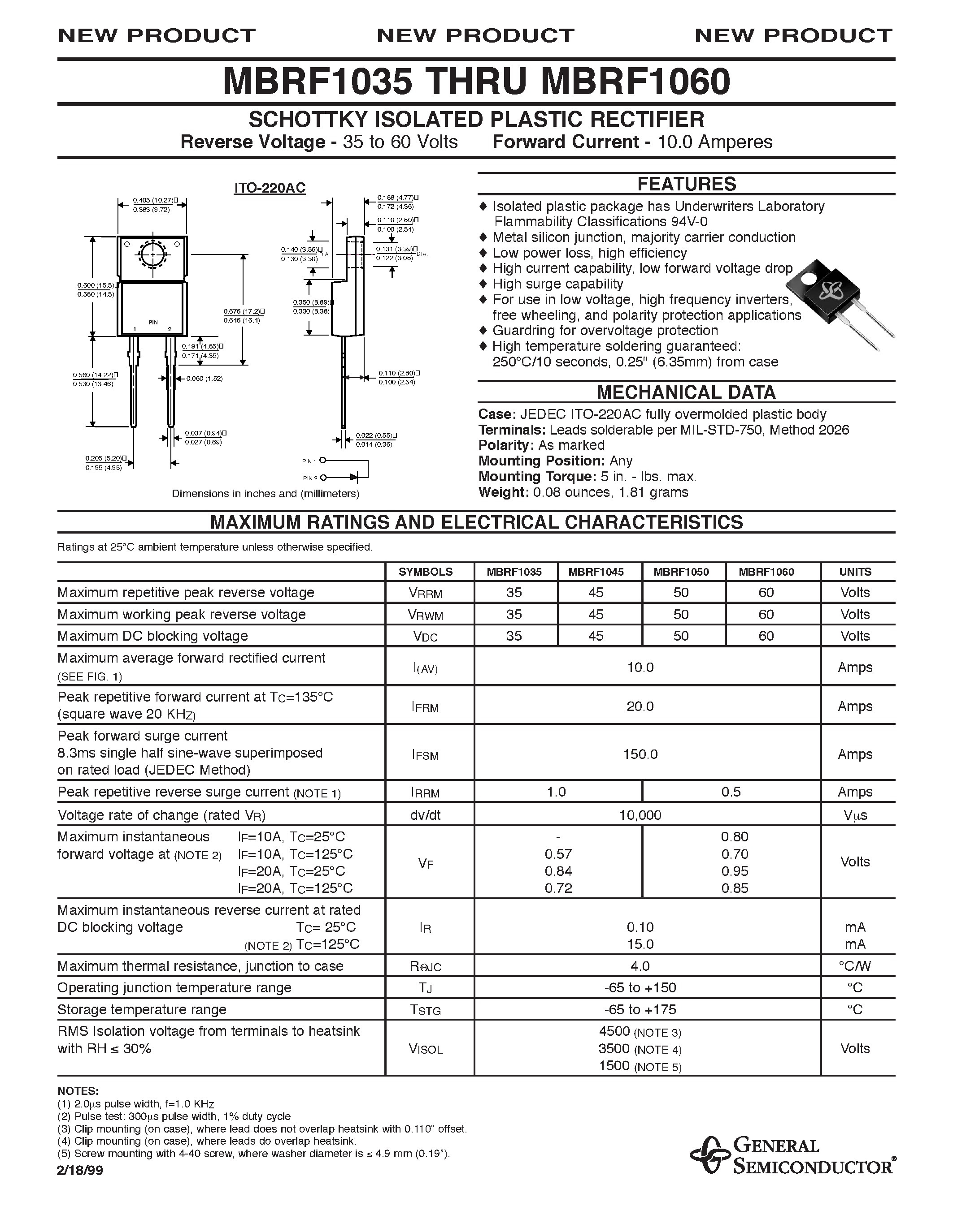 Даташит MBRF1050 - SCHOTTKY ISOLATED PLASTIC RECTIFIER страница 1