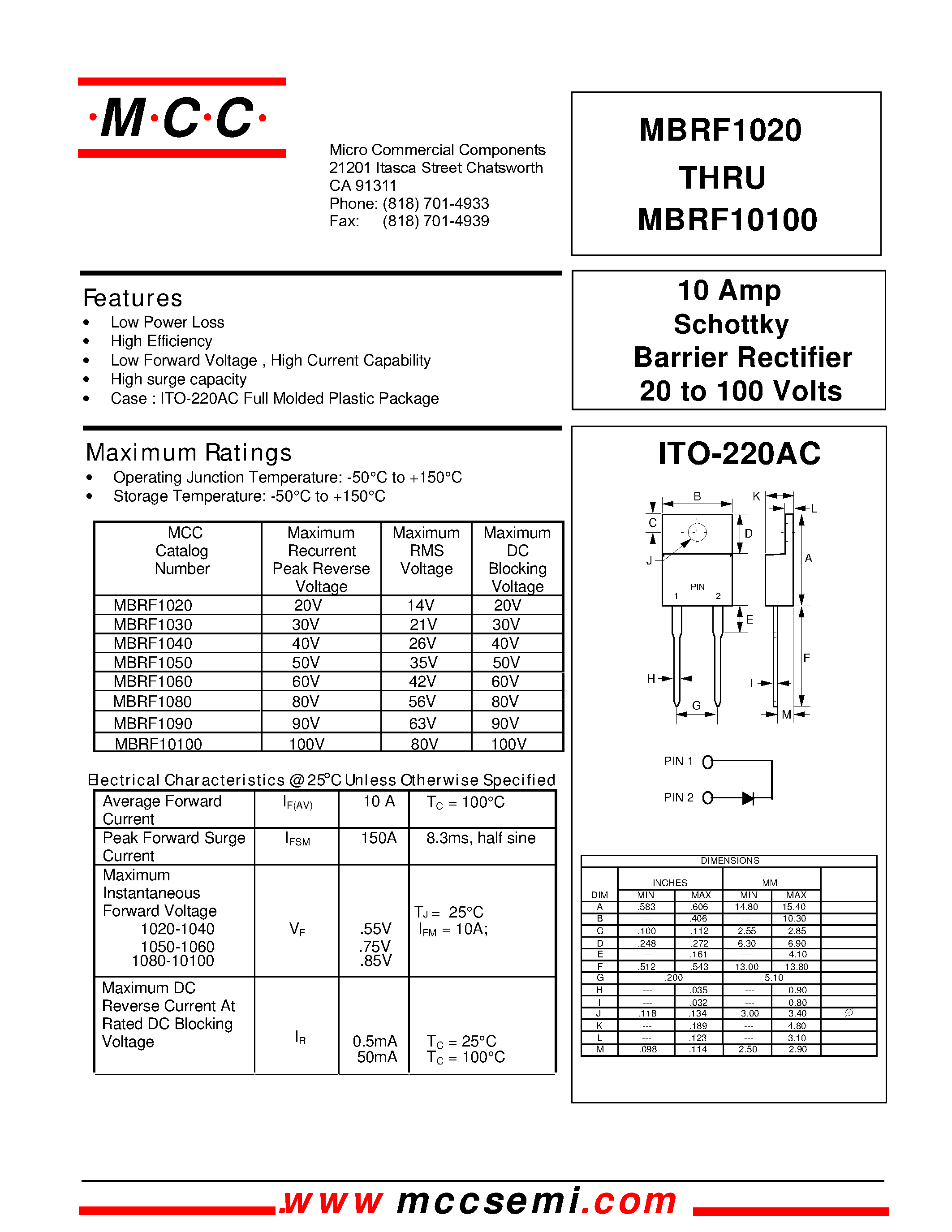 Даташит MBRF1090 - 10 Amp Schottky Barrier Rectifier 20 to 100 Volts страница 1