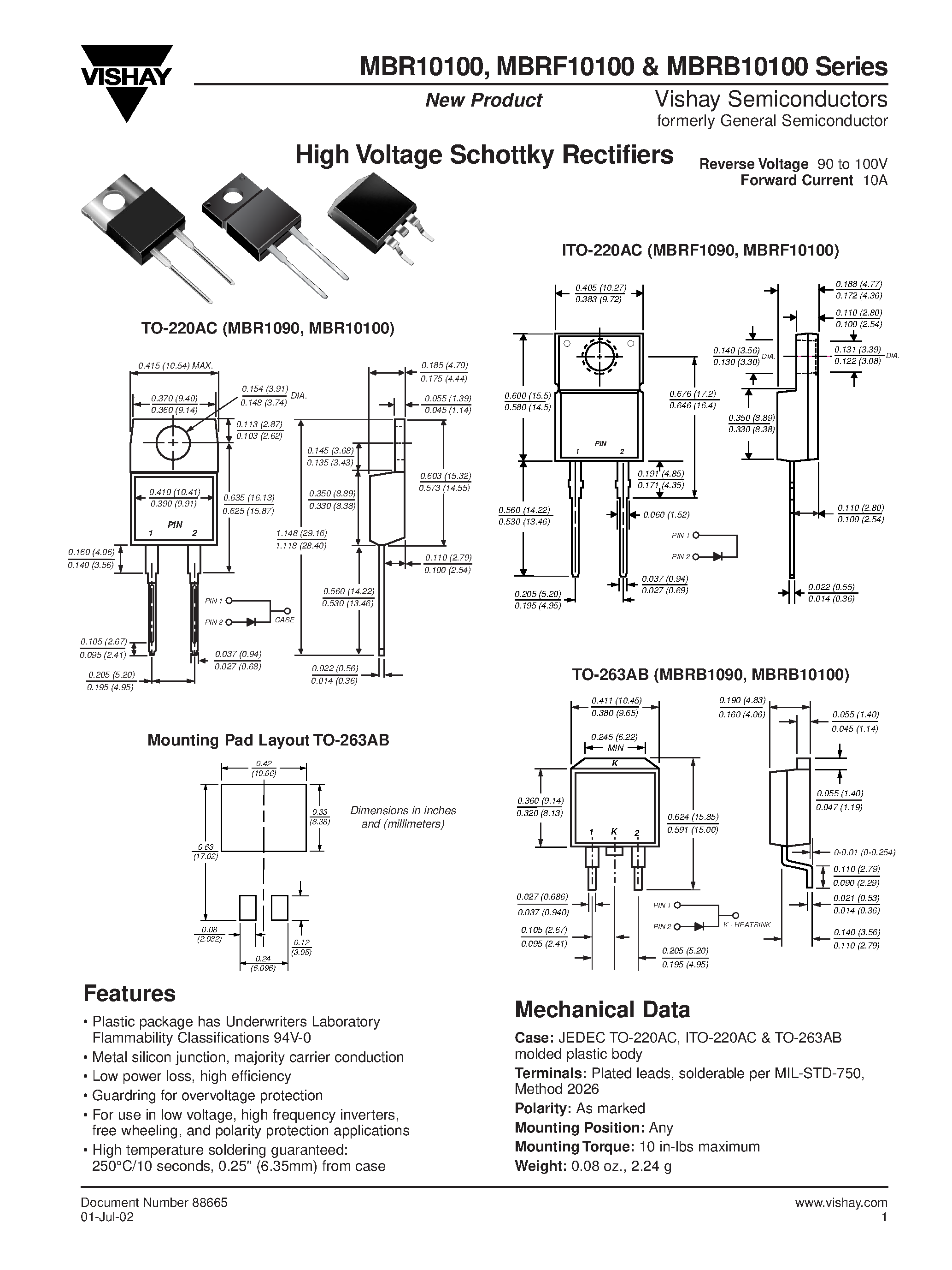 Datasheet MBRF1090 page 1 Datasheet MBRF1090 - High Voltage Schottky Rectifiers page 1