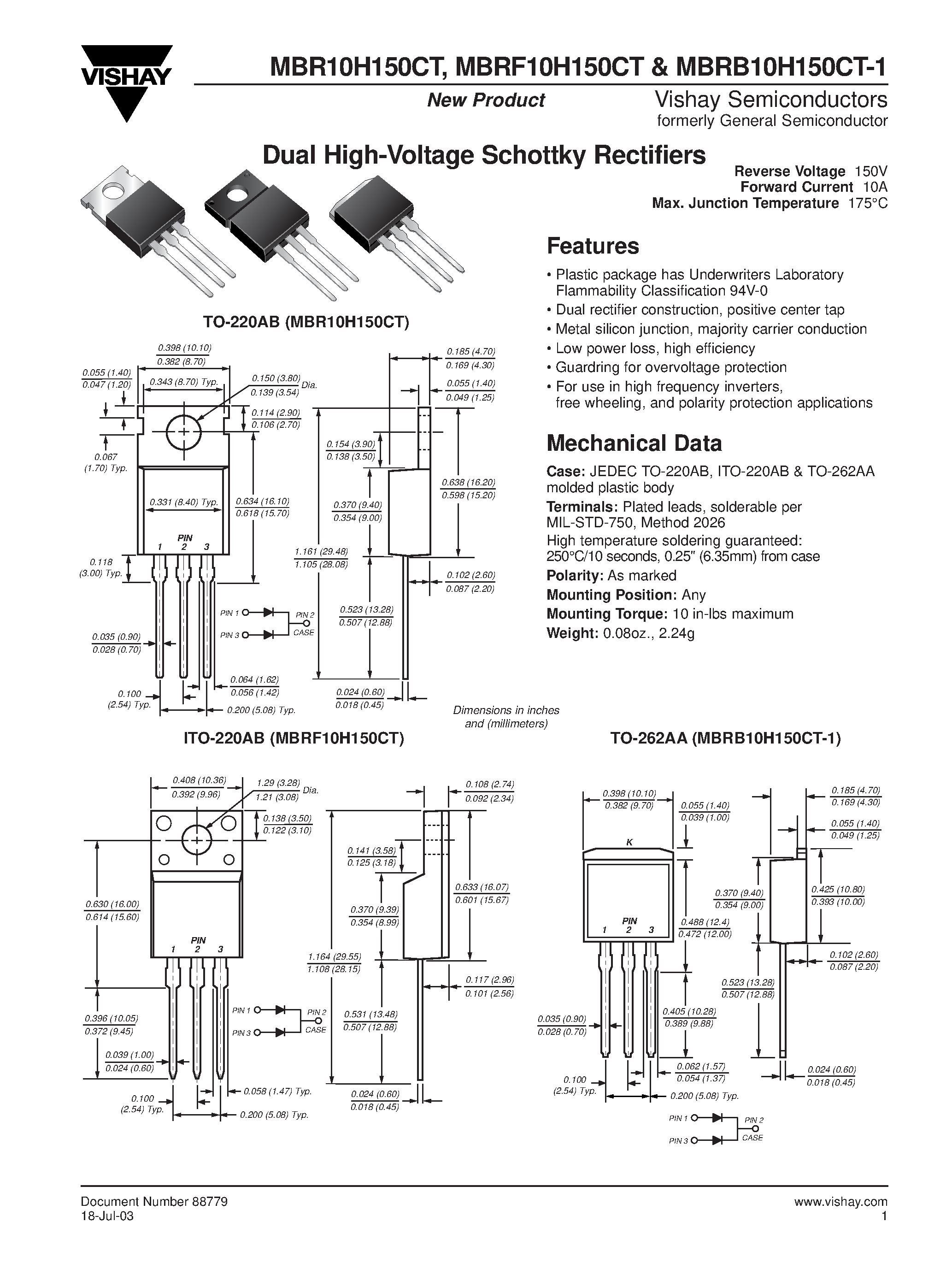 Datasheet MBRF10H150CT page 1 Datasheet MBRF10H150CT - Dual High-Voltage Schottky Rectifiers page 1