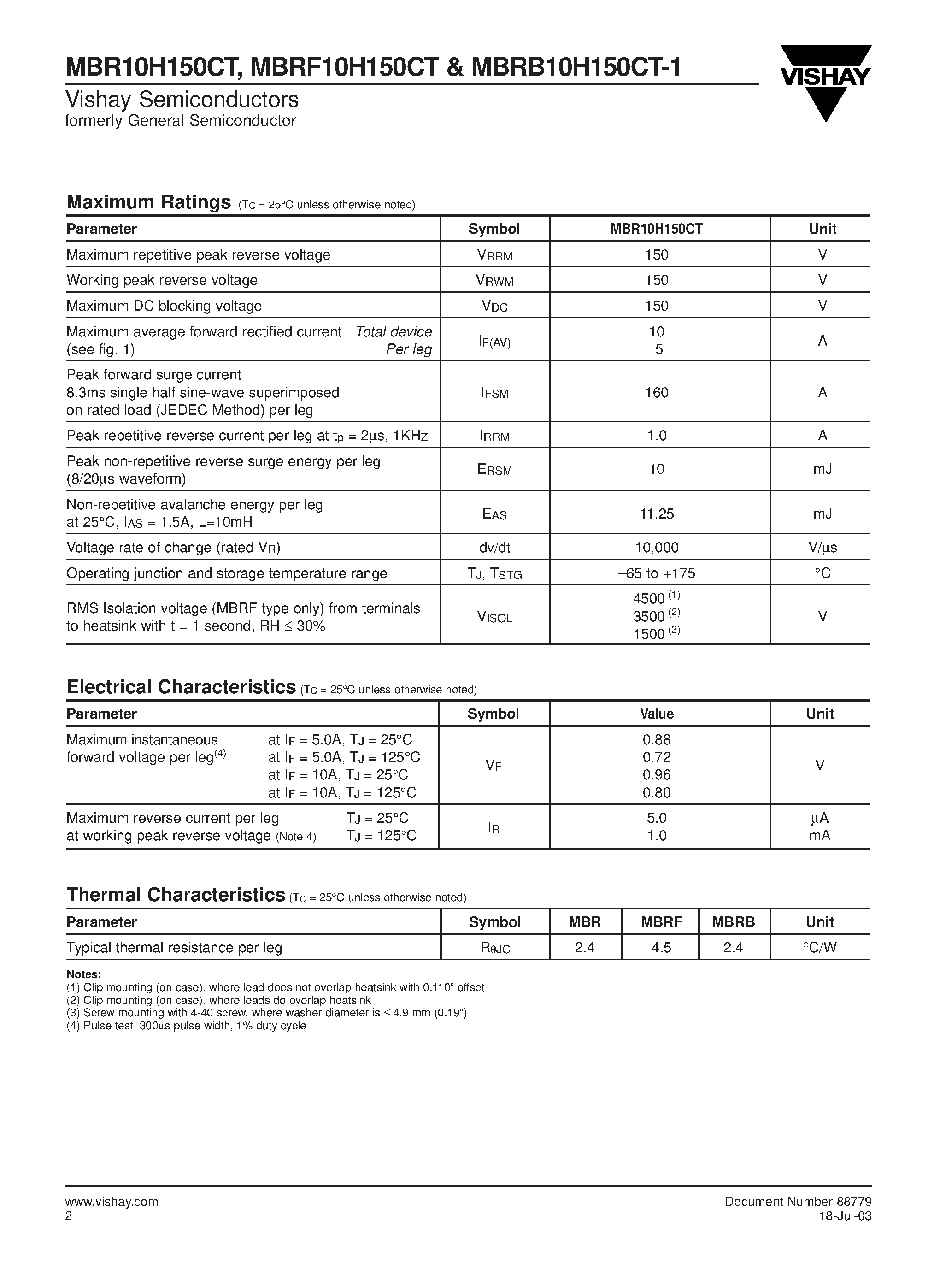 Datasheet MBRF10H150CT page 2 Datasheet MBRF10H150CT - Dual High-Voltage Schottky Rectifiers page 2