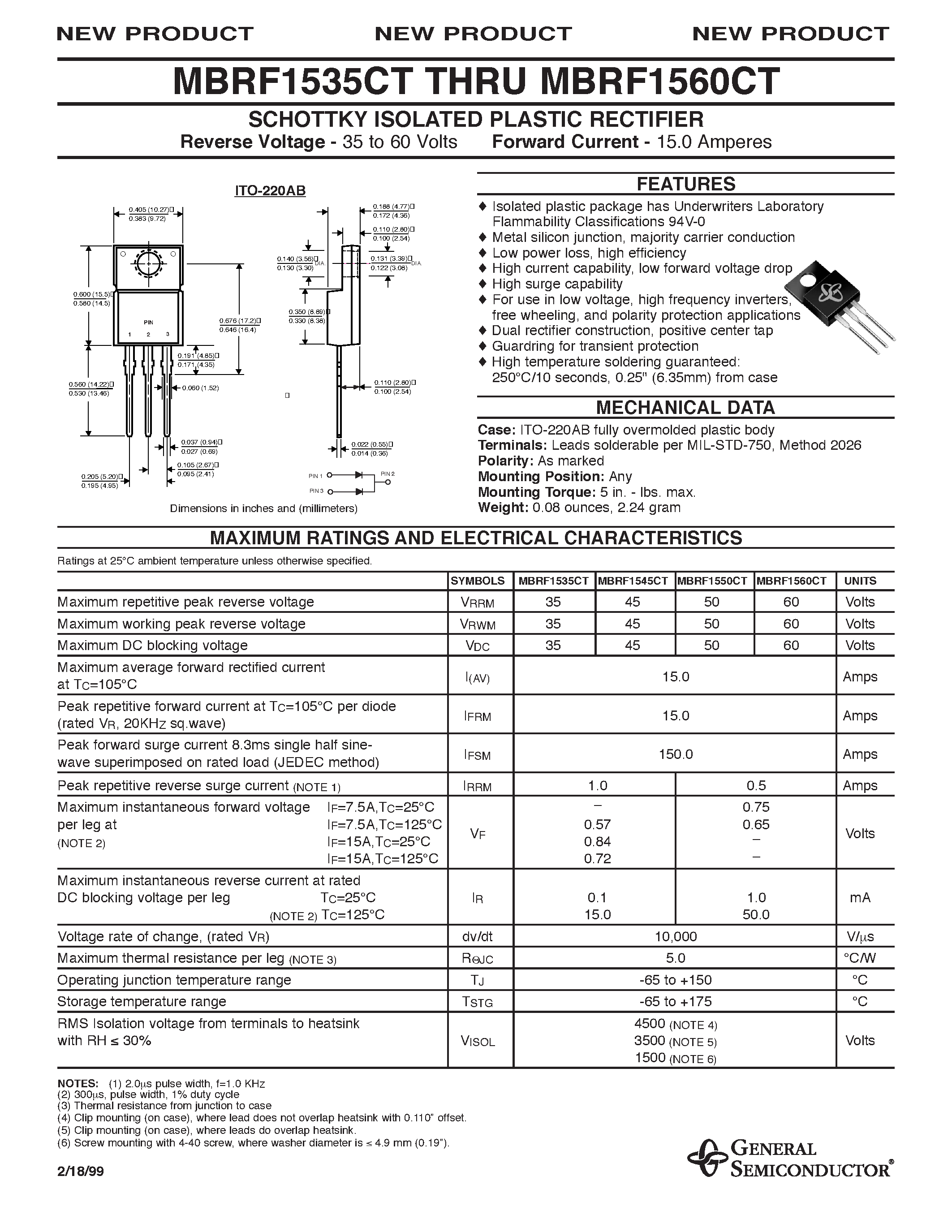 Даташит MBRF1535CT - SCHOTTKY ISOLATED PLASTIC RECTIFIER страница 1
