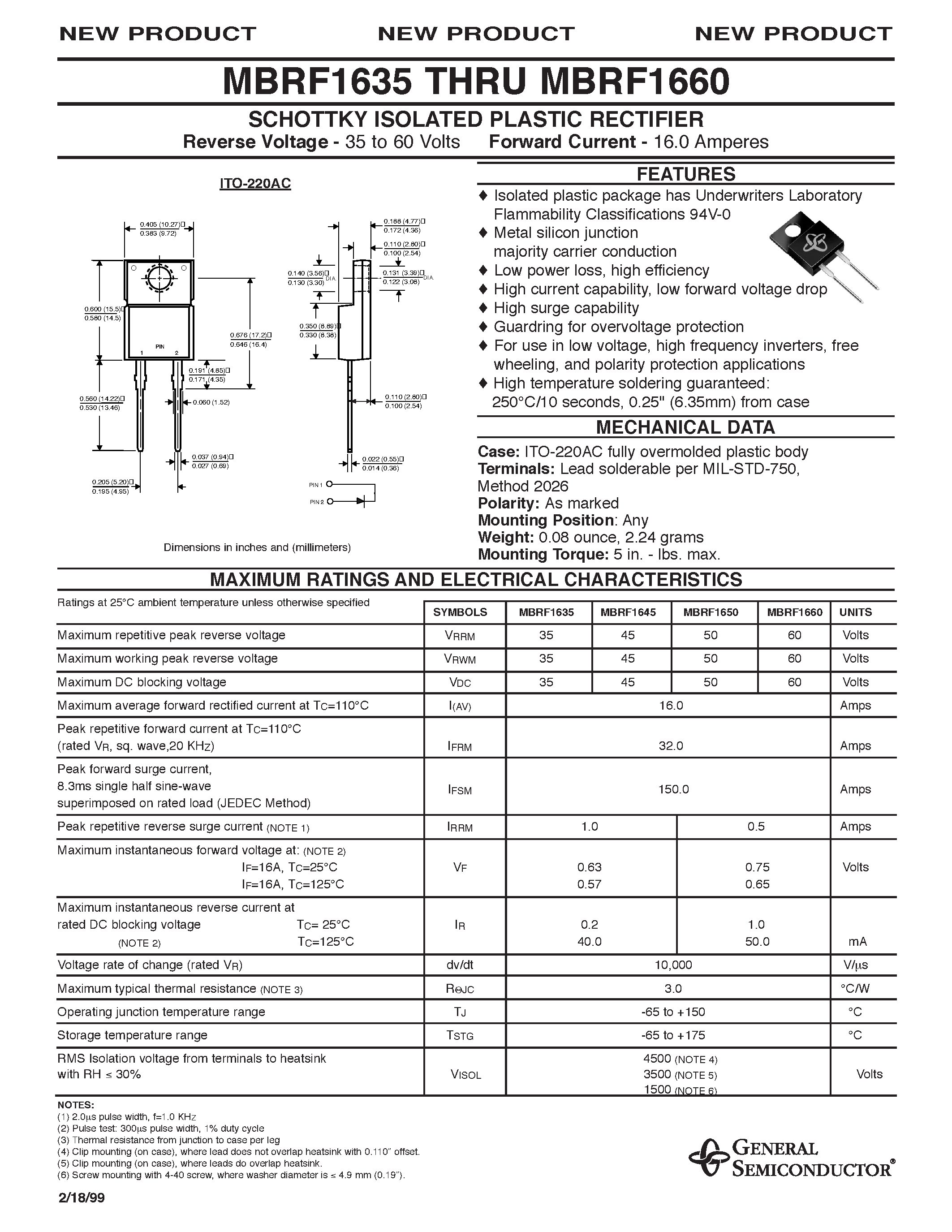 Даташит MBRF1650 - SCHOTTKY ISOLATED PLASTIC RECTIFIER страница 1