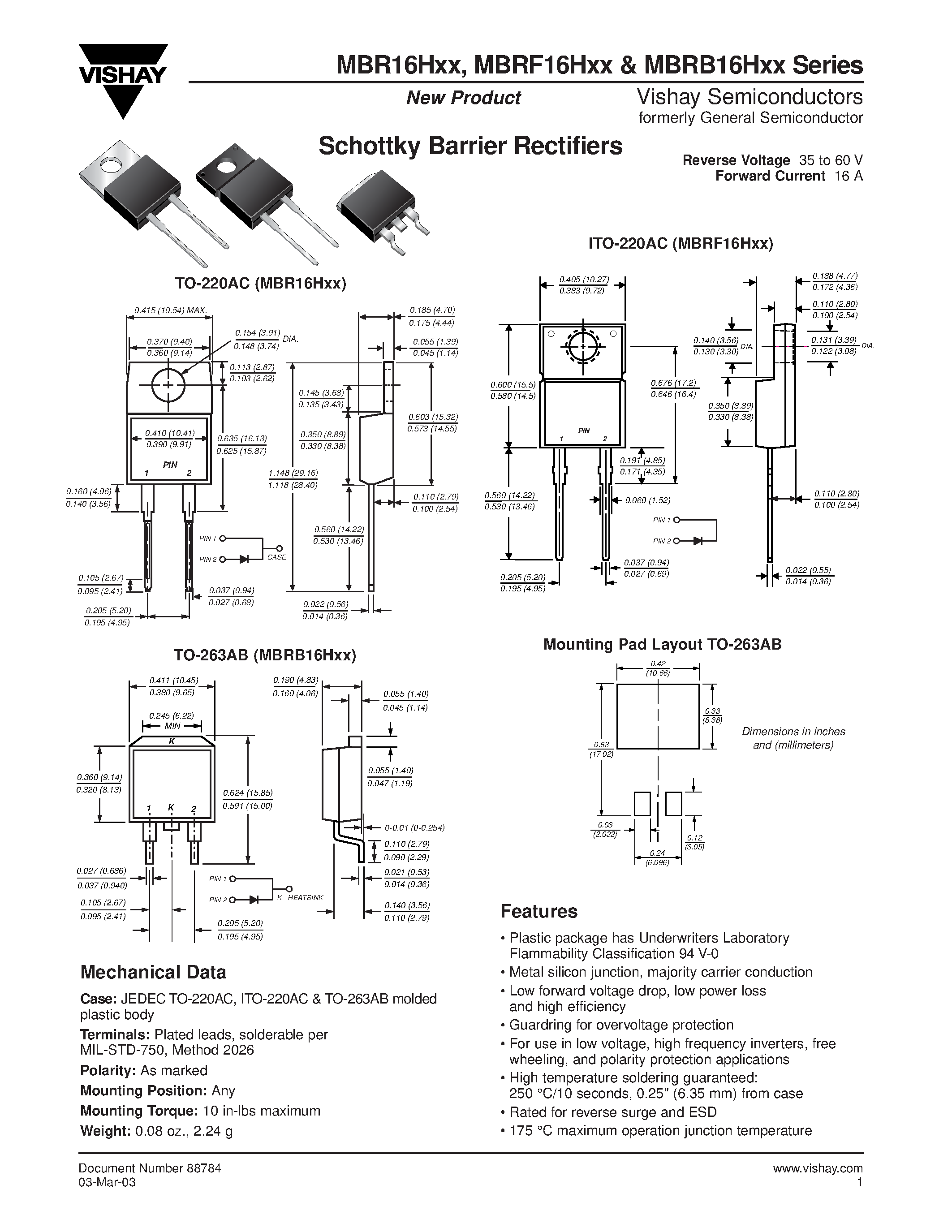 Datasheet MBRF16HXX page 1 Datasheet MBRF16HXX - Schottky Barrier Rectifiers page 1
