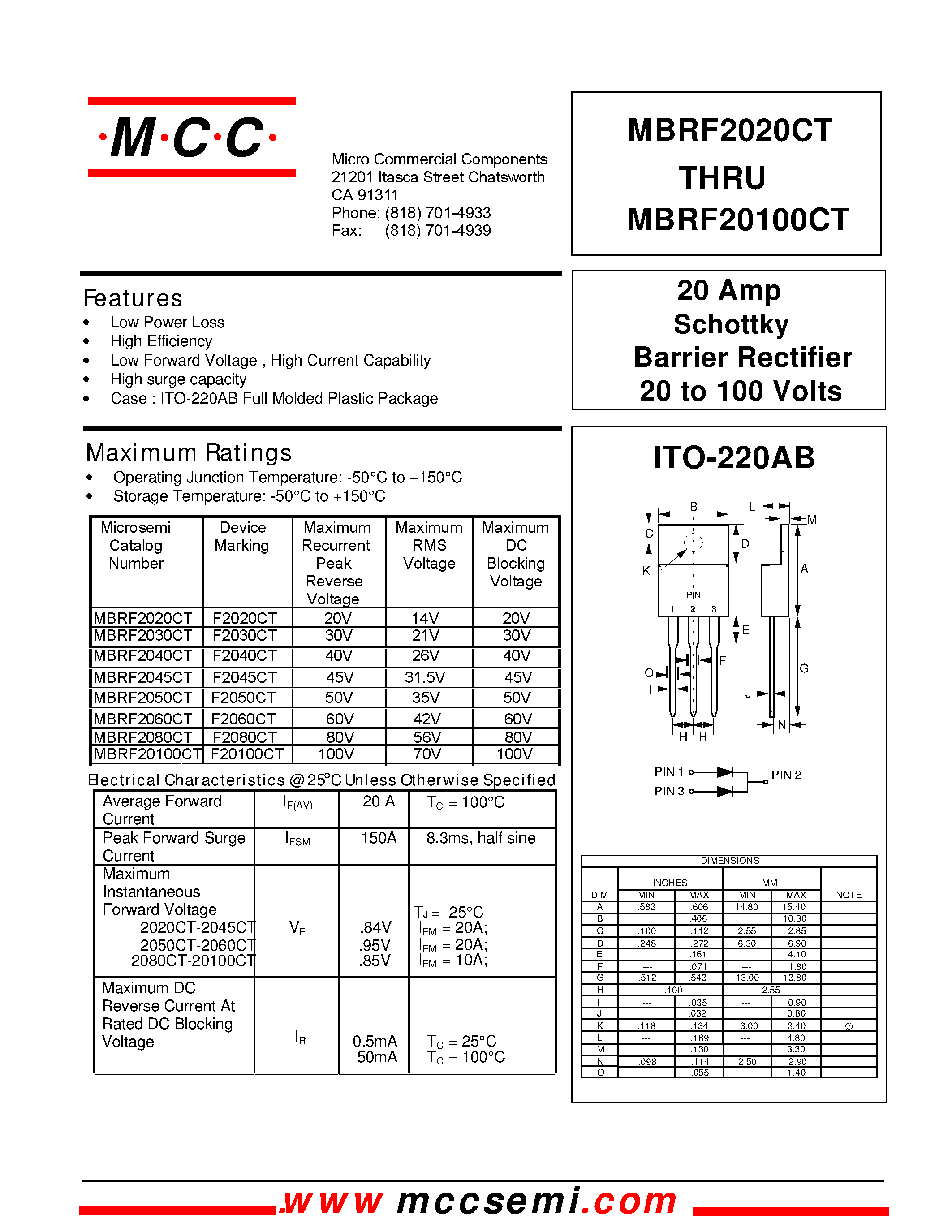 Даташит MBRF2050CT - 20 Amp Schottky Barrier Rectifier 20 to 100 Volts страница 1