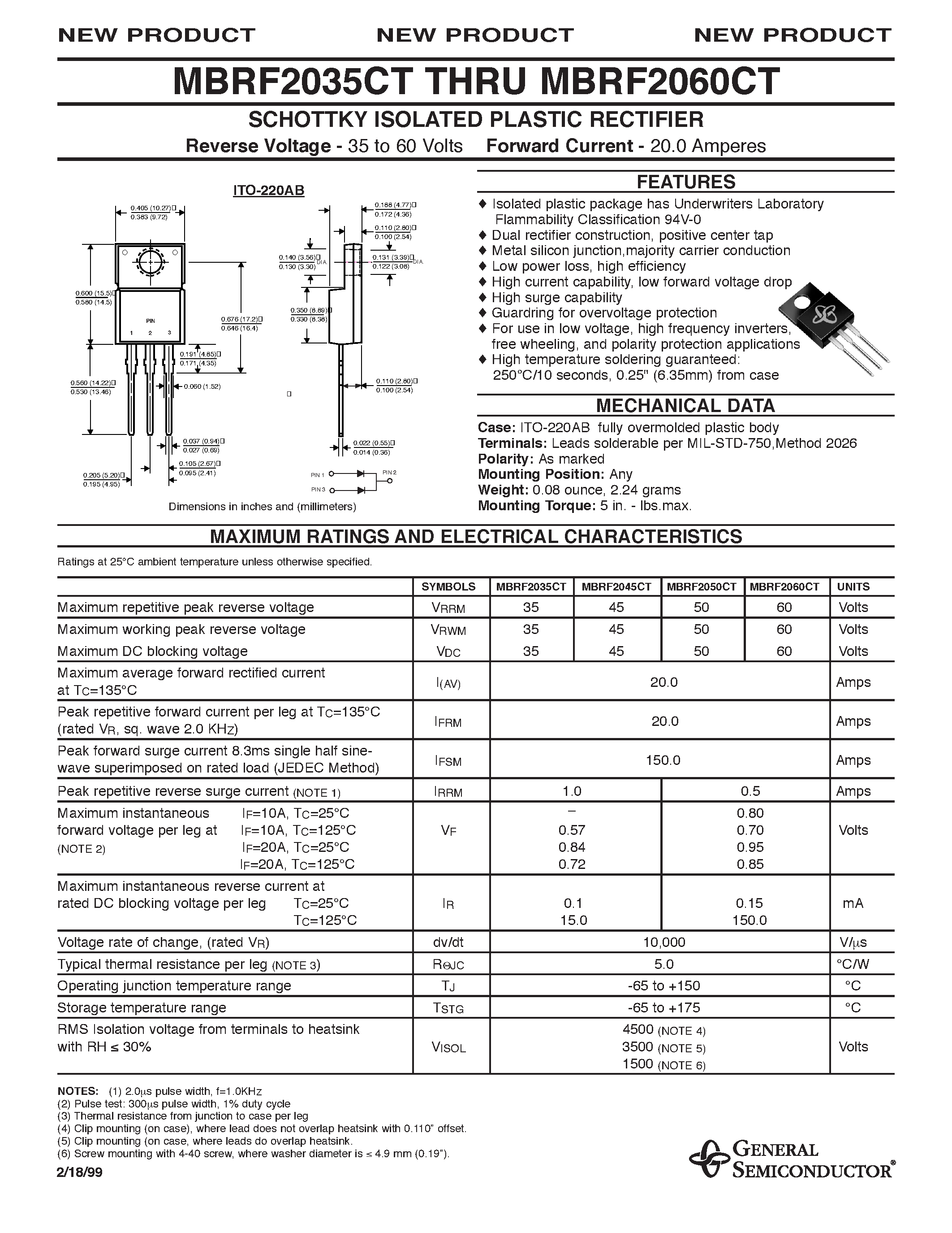 Даташит MBRF2060CT - SCHOTTKY ISOLATED PLASTIC RECTIFIER страница 1