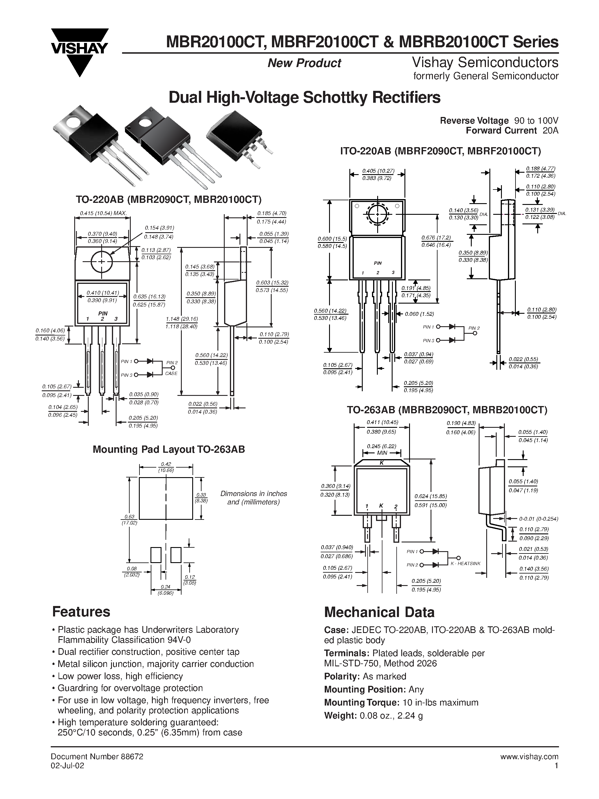 Datasheet MBRF2090CT page 1 Datasheet MBRF2090CT - Dual High-Voltage Schottky Rectifiers page 1