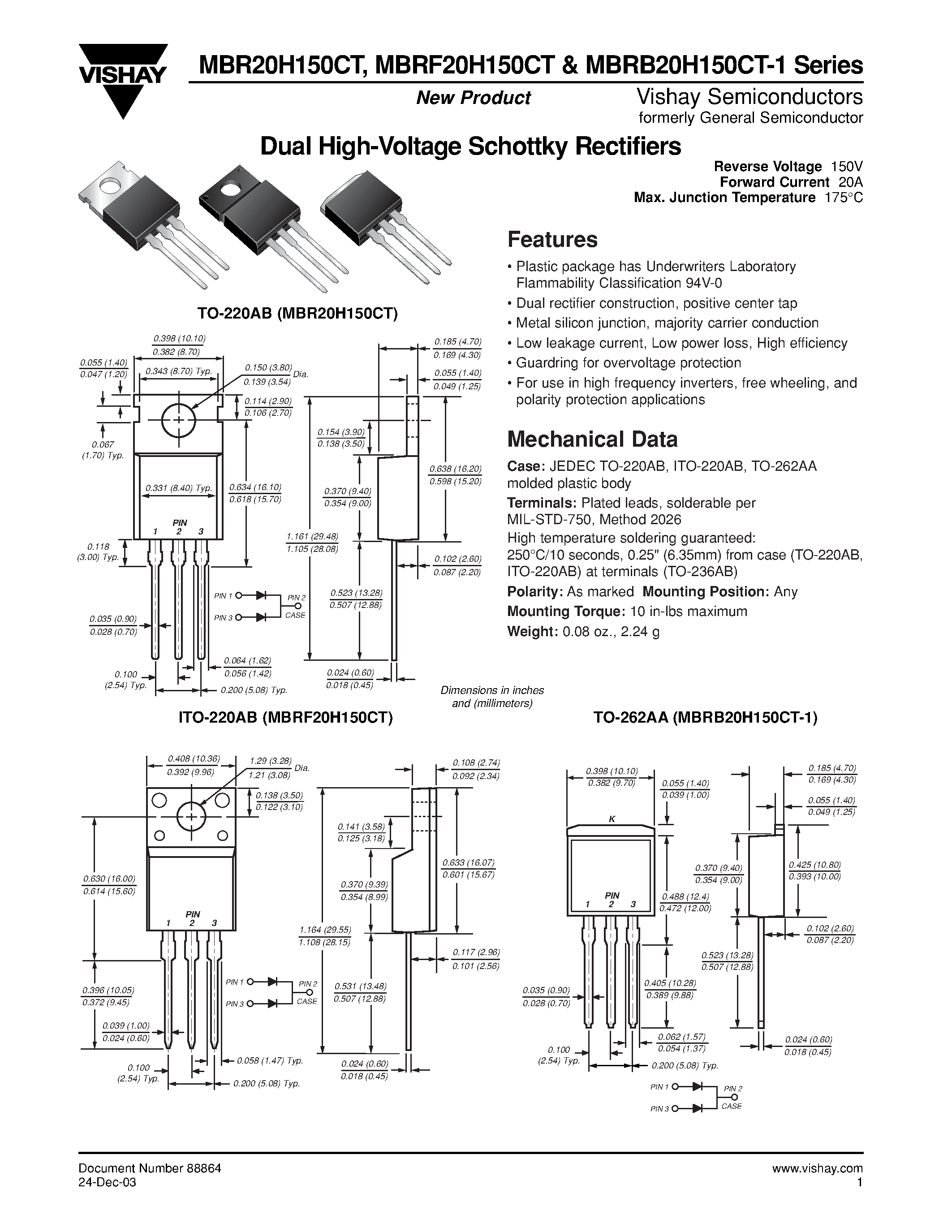 Datasheet MBRF20H150CT - Dual High-Voltage Schottky Rectifiers page 1