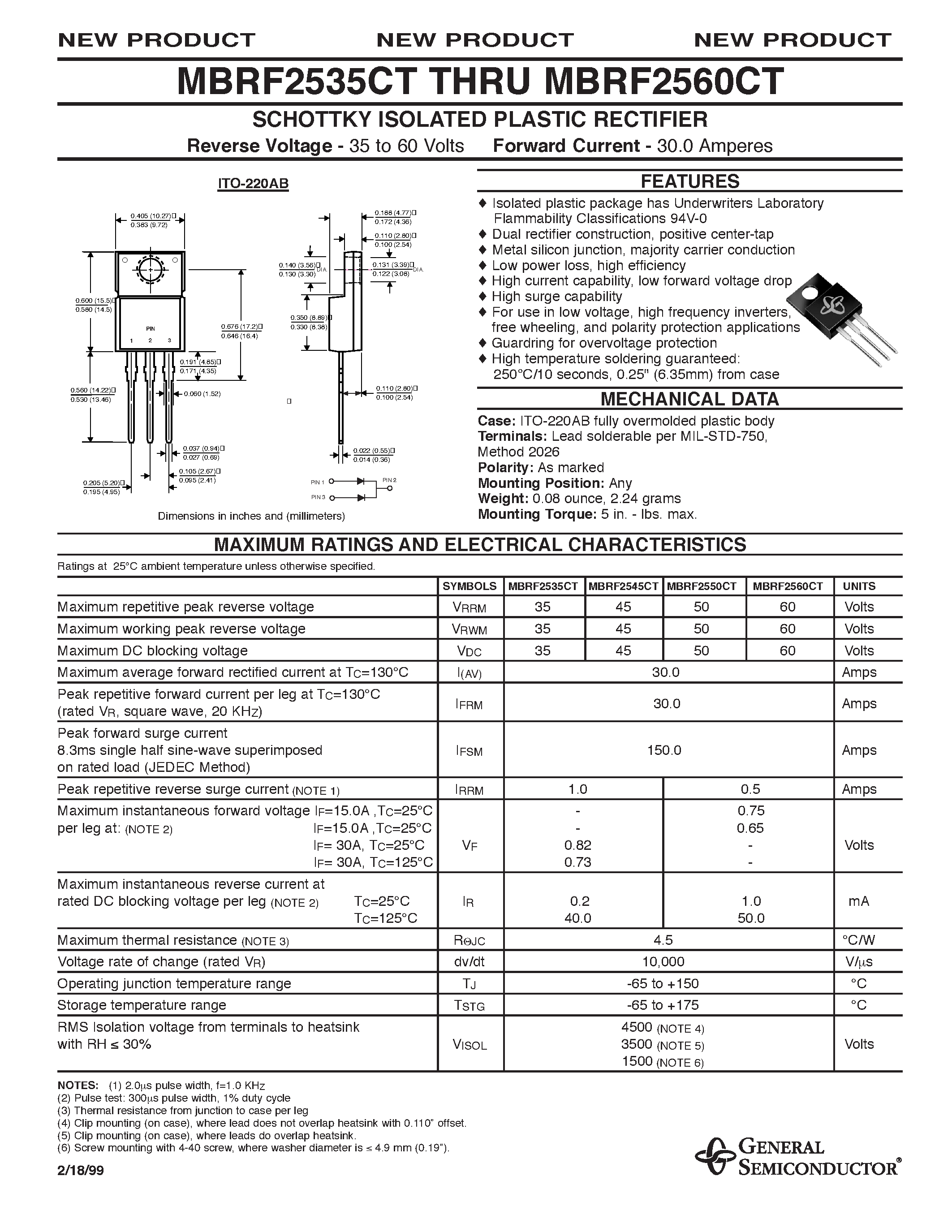 Даташит MBRF2560CT - SCHOTTKY ISOLATED PLASTIC RECTIFIER страница 1