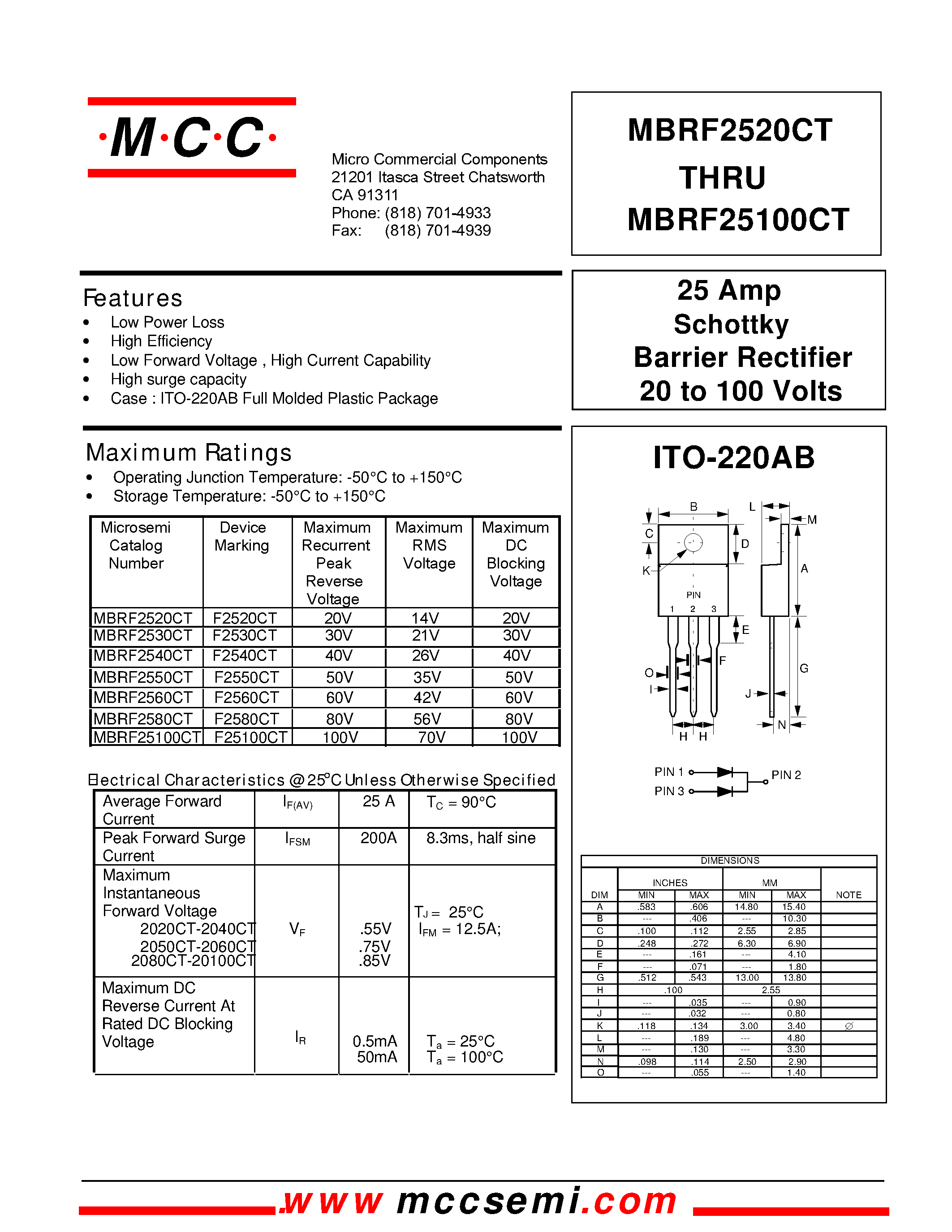 Даташит MBRF2560CT - 25 Amp Schottky Barrier Rectifier 20 to 100 Volts страница 1