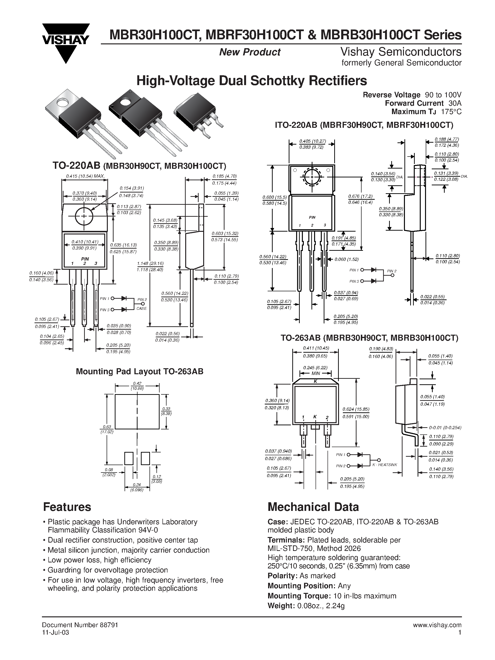 Datasheet MBRF30H100CT - High-Voltage Dual Schottky Rectifiers page 1