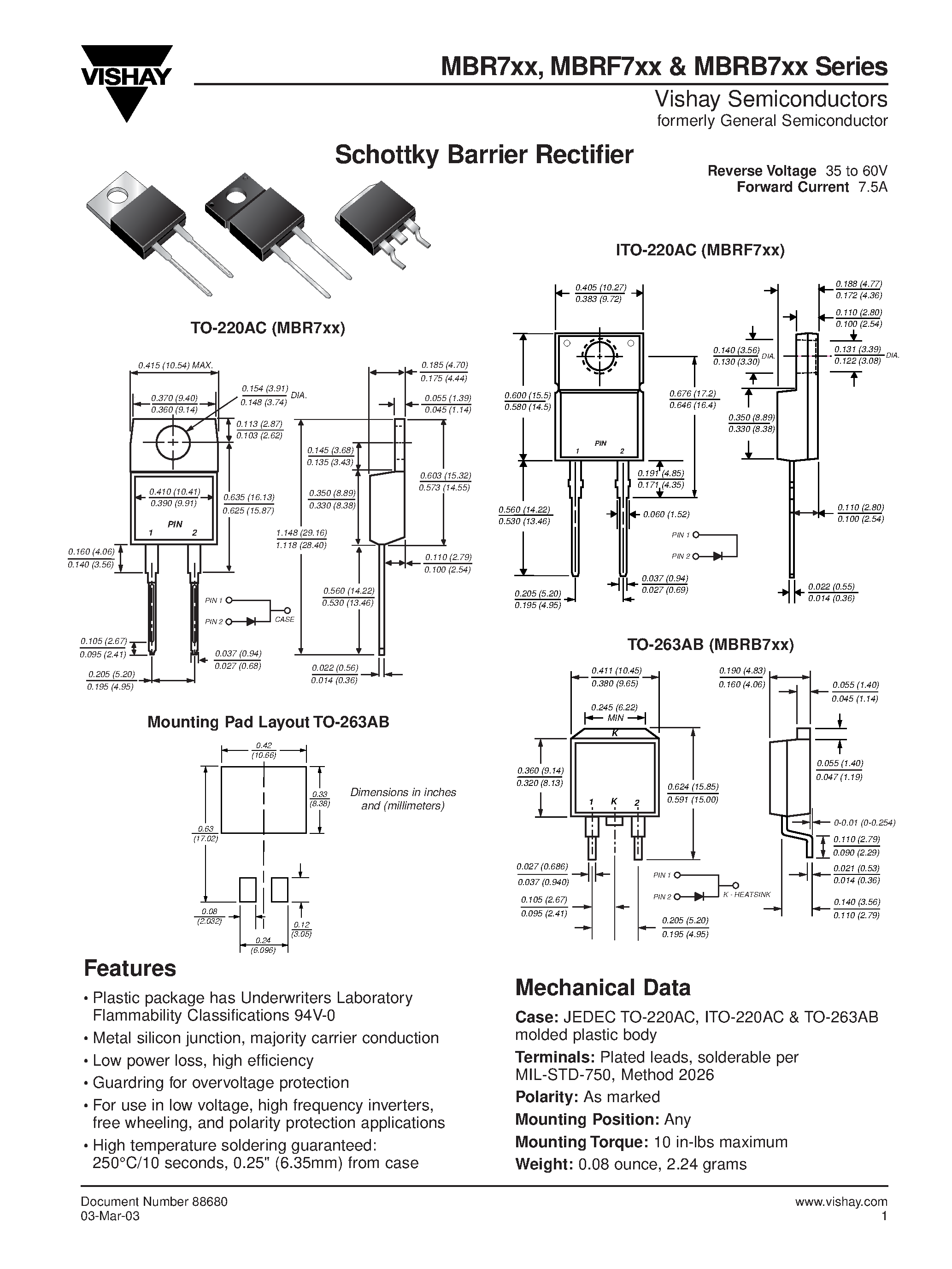Даташит MBRF735 - Schottky Barrier Rectifier страница 1