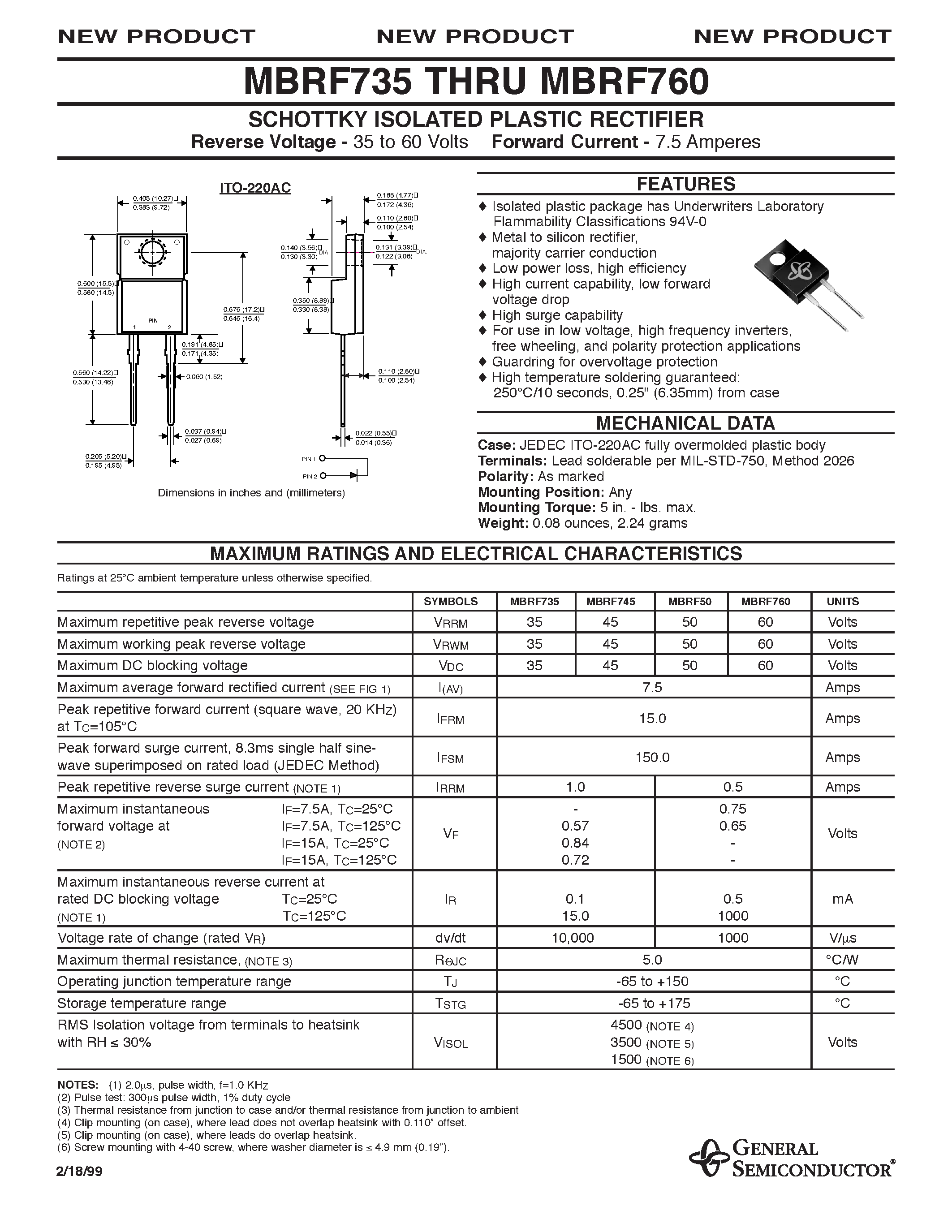 Даташит MBRF760 - SCHOTTKY ISOLATED PLASTIC RECTIFIER страница 1