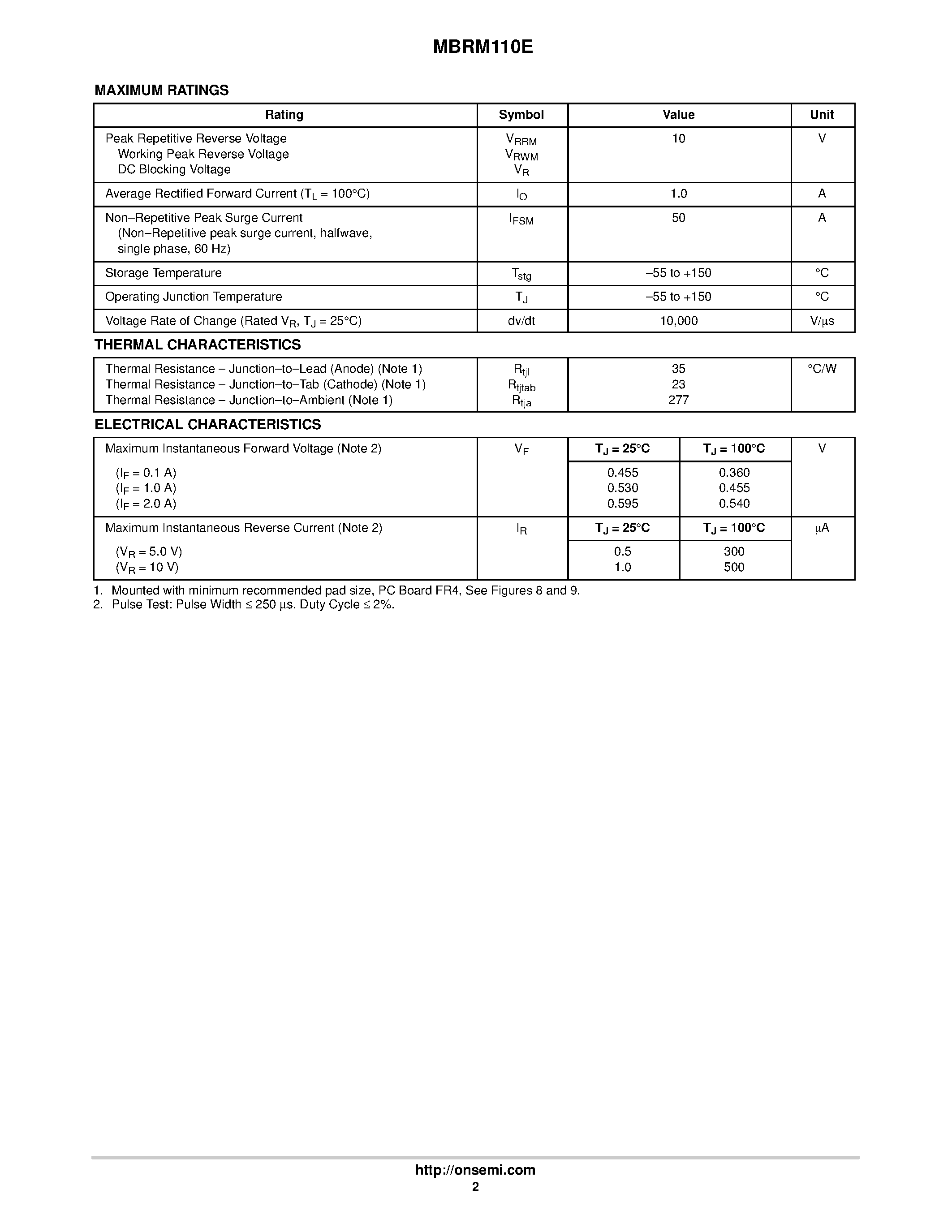 Даташит MBRM110ET1 - Surface Mount Schottky Power Rectifier страница 2