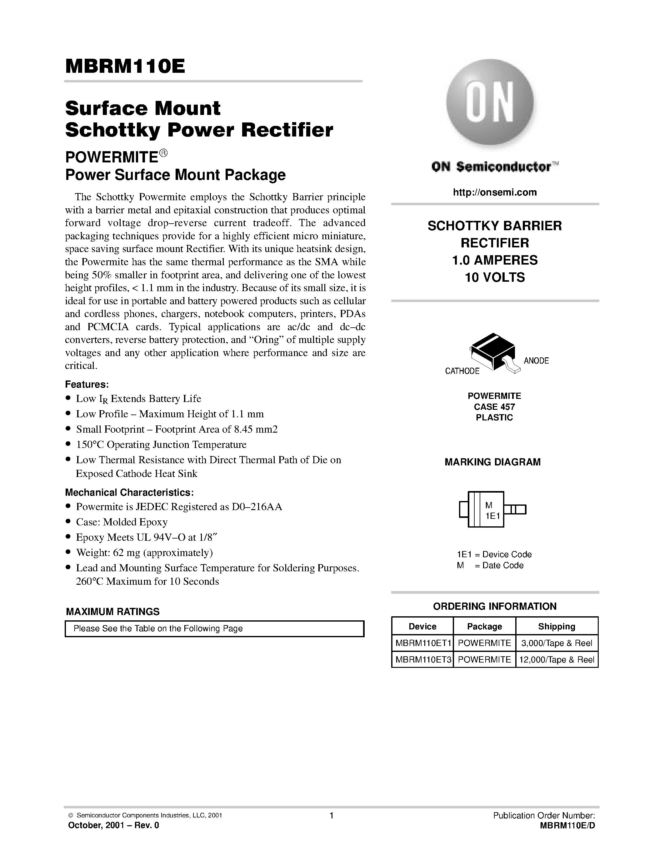 Даташит MBRM110ET3 - Surface Mount Schottky Power Rectifier страница 1