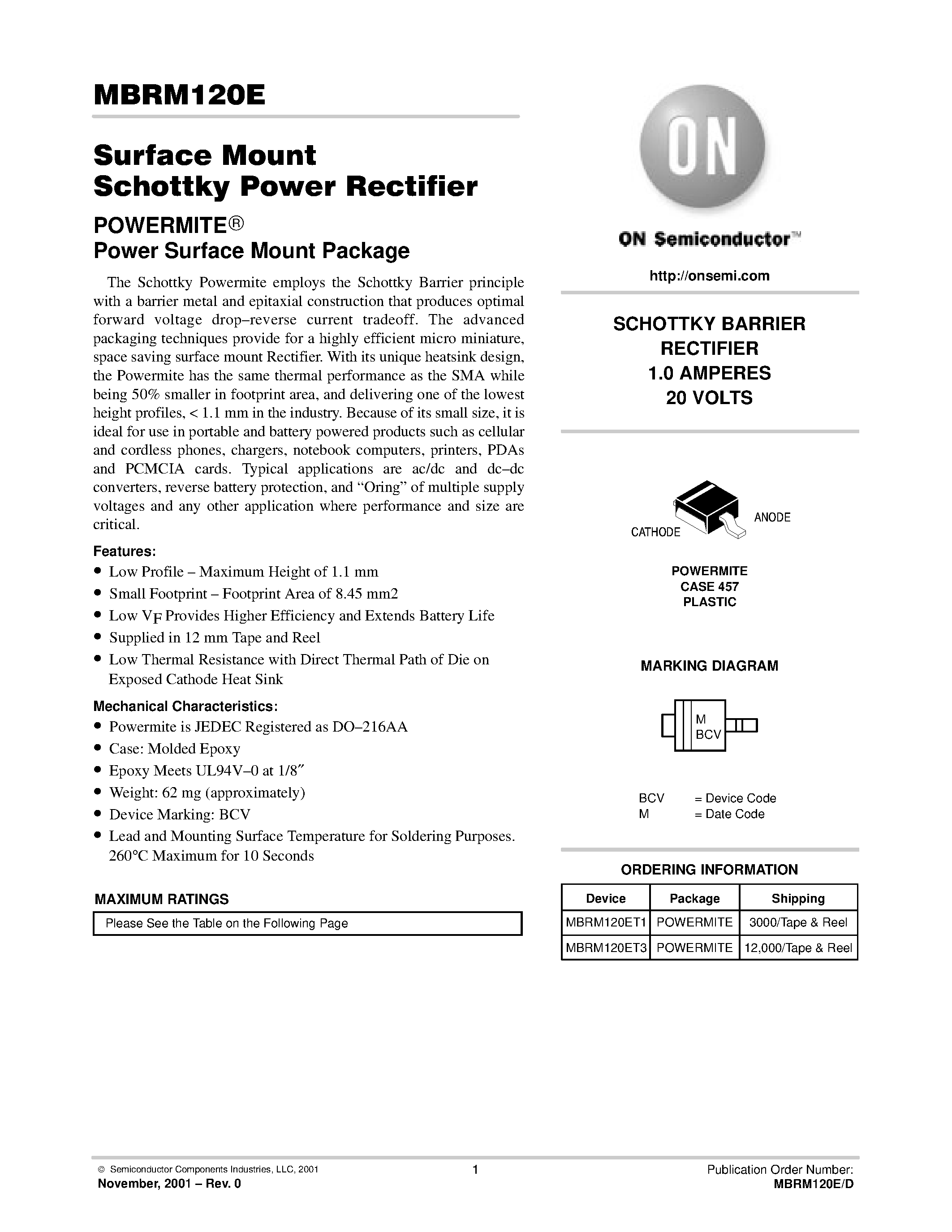 Даташит MBRM120E - Surface Mount Schottky Power Rectifier страница 1