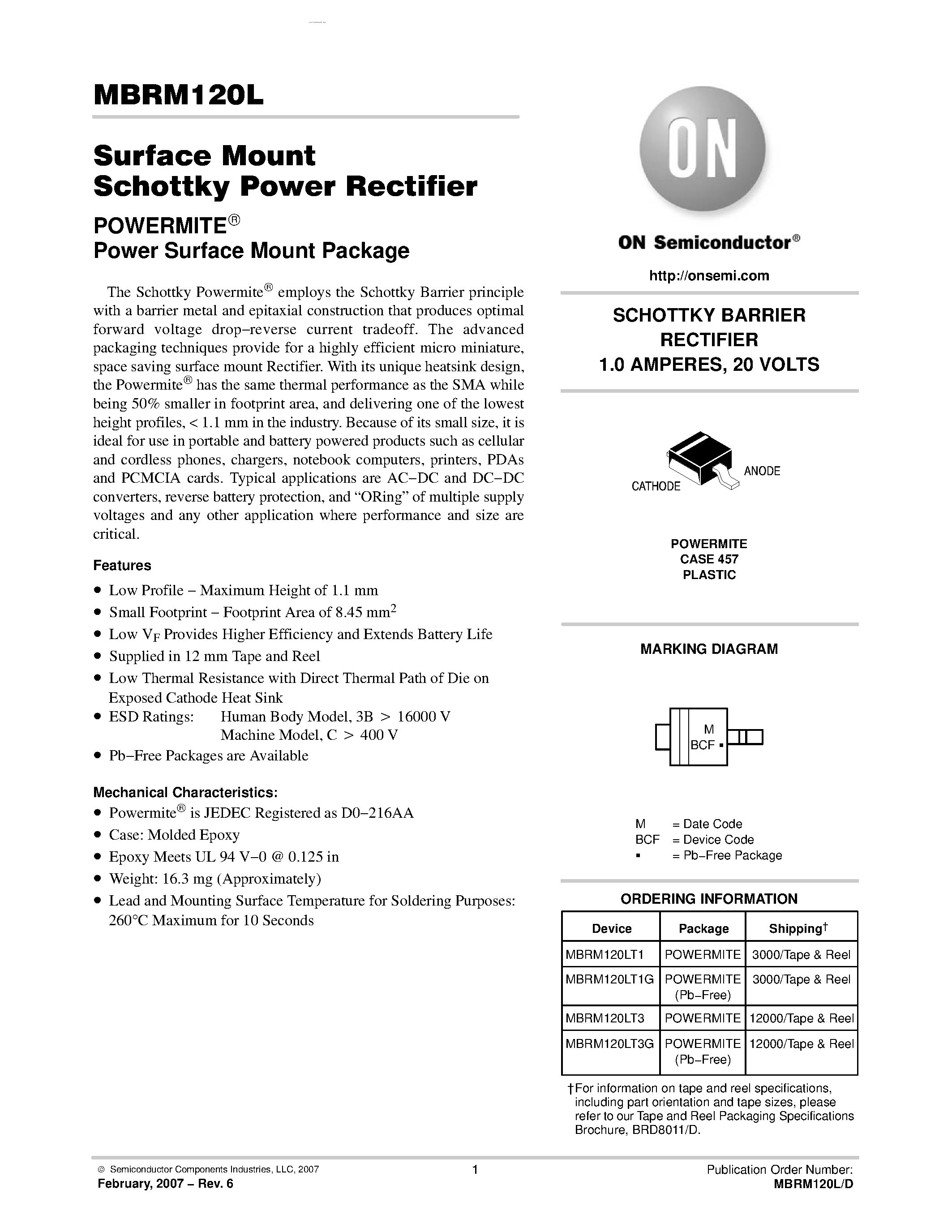 Даташит MBRM120LT1G - Surface Mount Schottky Power Rectifier страница 1