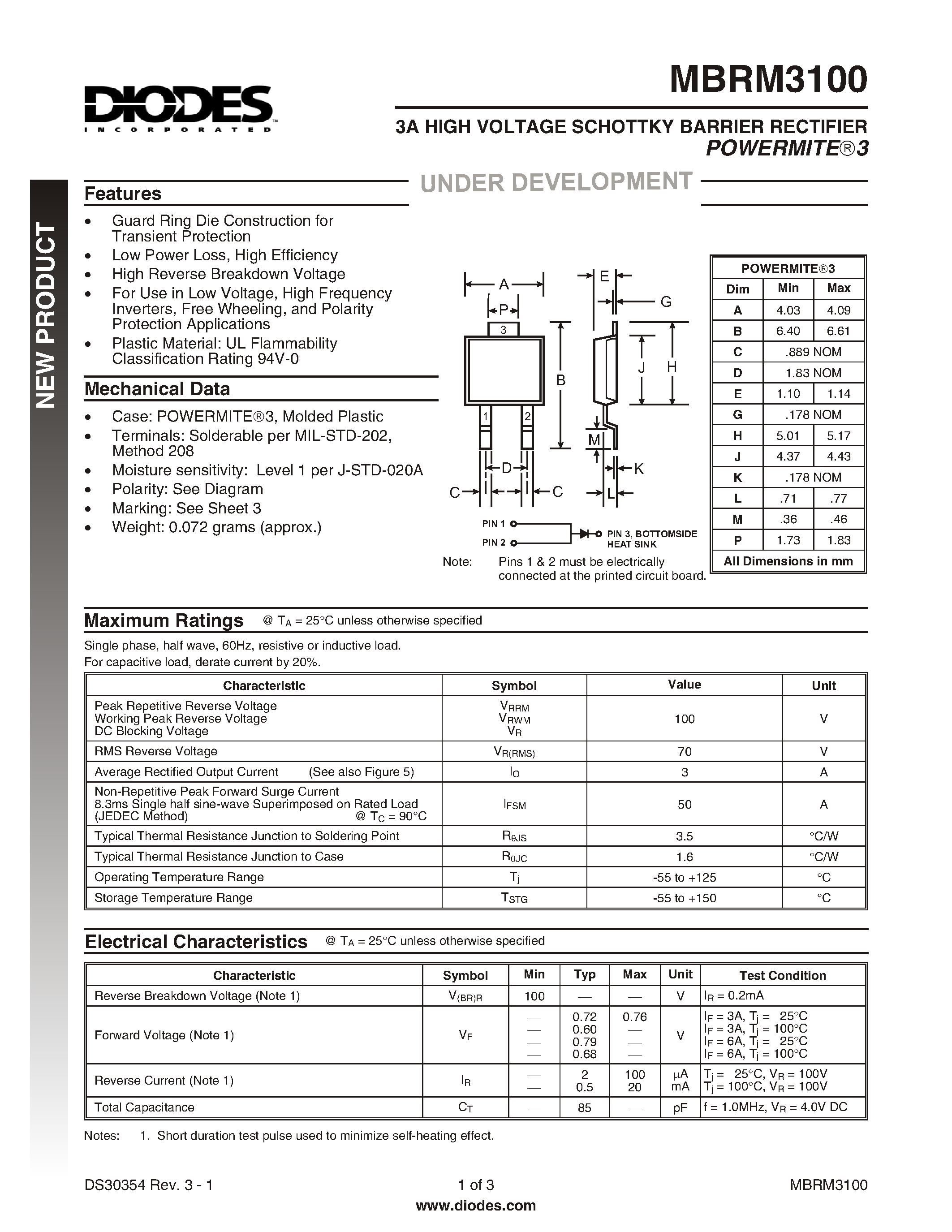 Даташит MBRM3100 - 3A HIGH VOLTAGE SCHOTTKY BARRIER RECTIFIER POWERMITE3 страница 1