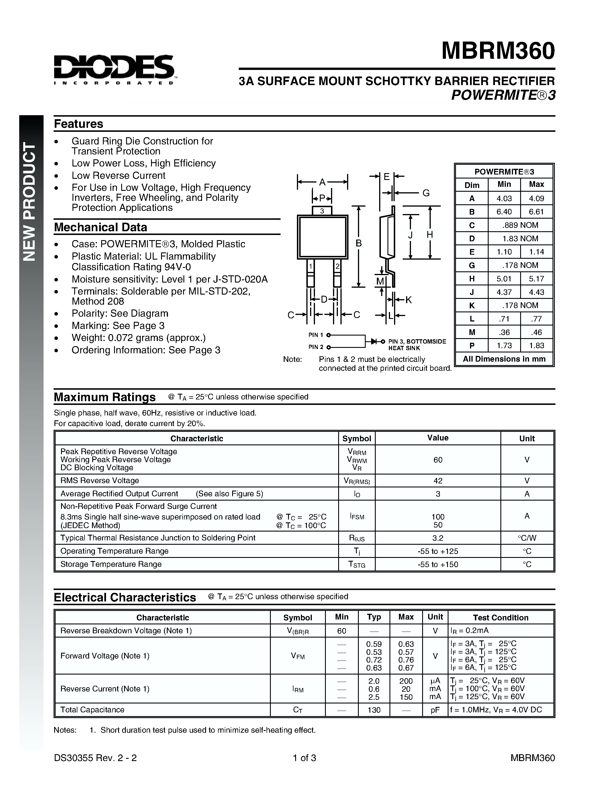 Даташит MBRM360-13 - 3A SURFACE MOUNT SCHOTTKY BARRIER RECTIFIER POWERMITE3 страница 1