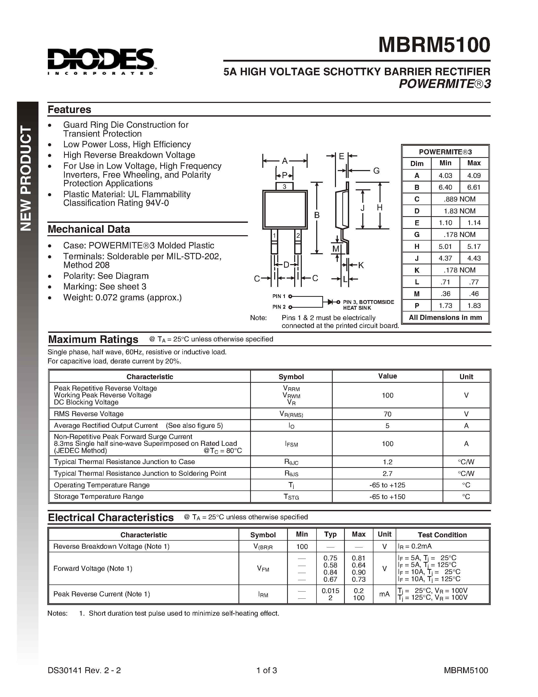 Даташит MBRM5100-13 - 5A HIGH VOLTAGE SCHOTTKY BARRIER RECTIFIER страница 1