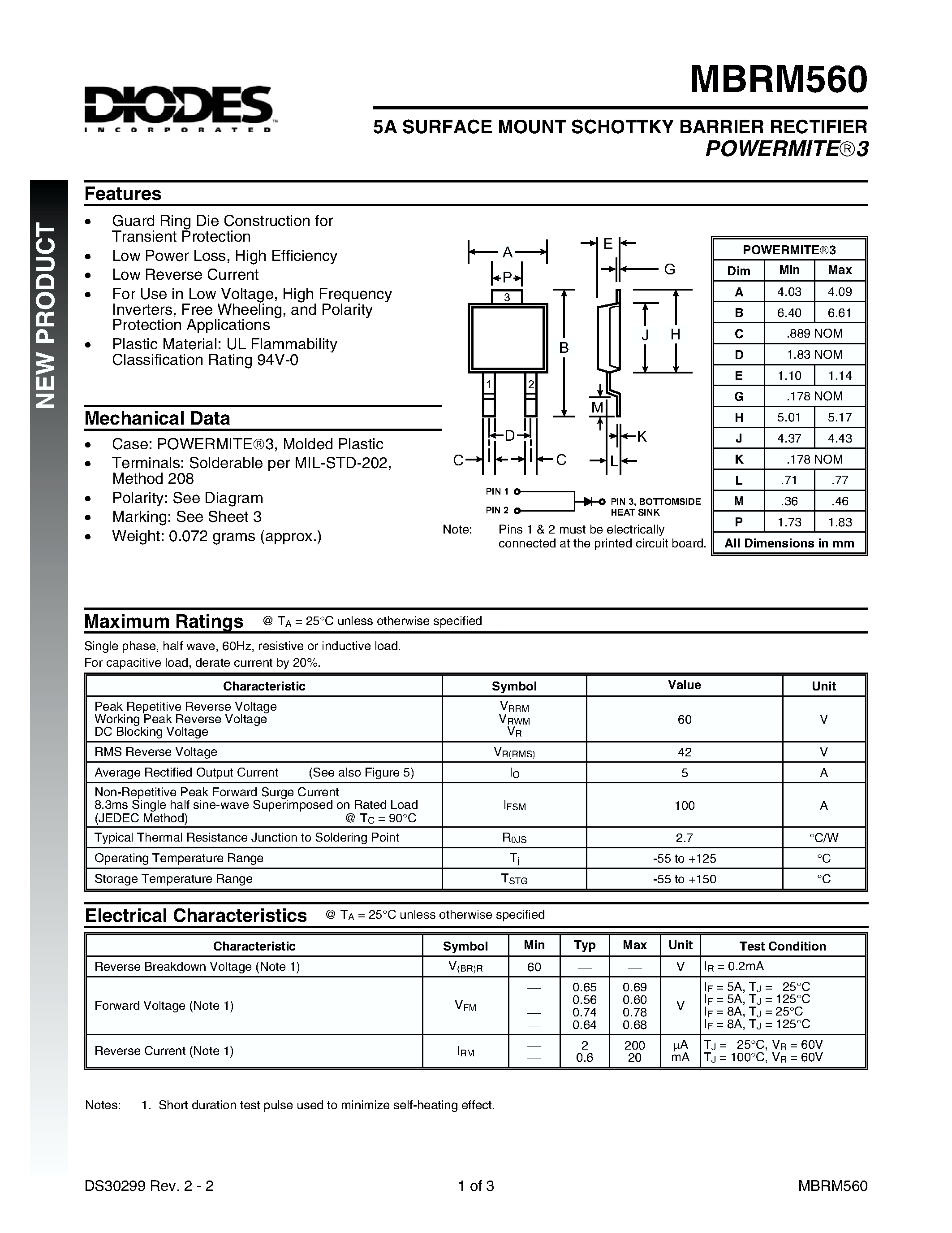 Даташит MBRM560 - 5A SURFACE MOUNT SCHOTTKY BARRIER RECTIFIER страница 1