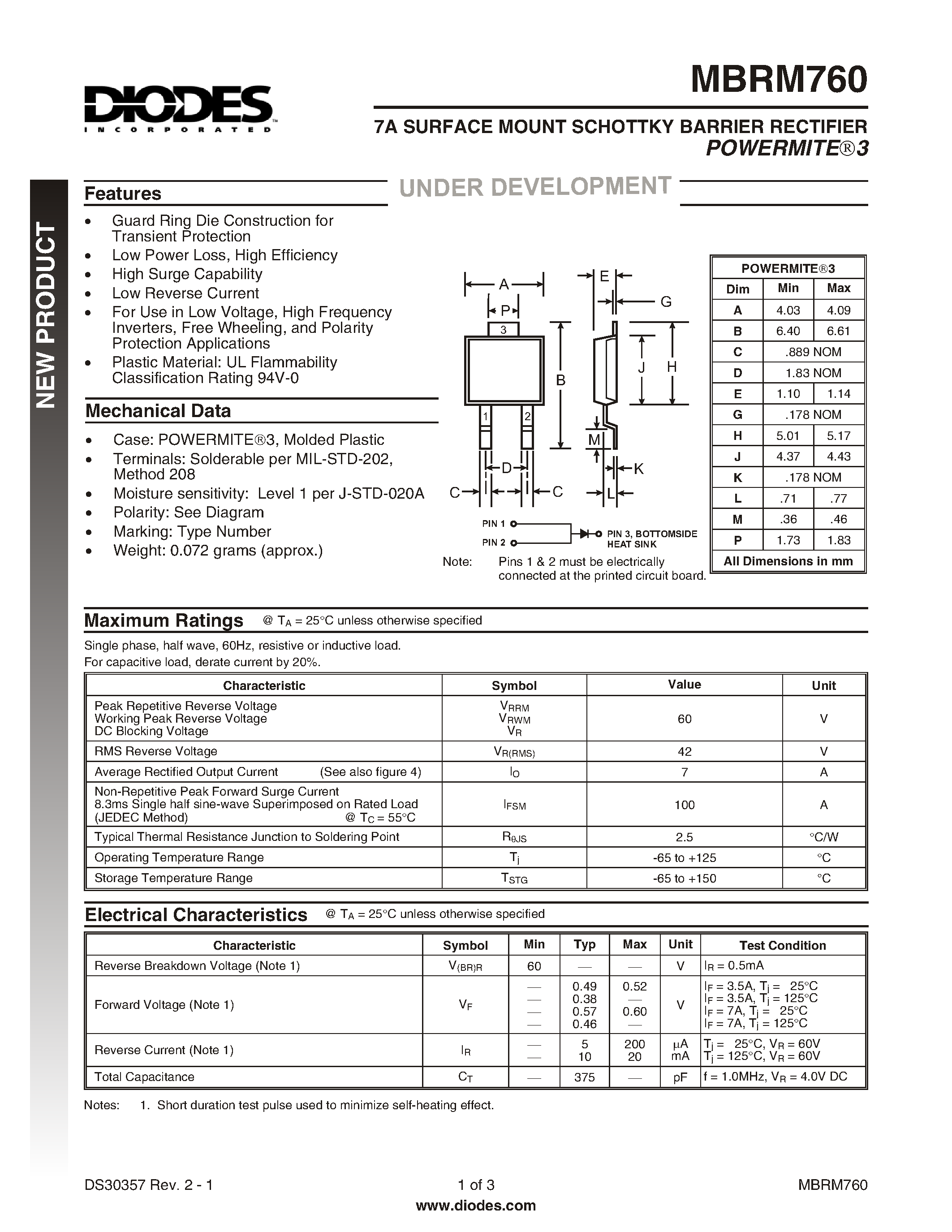 Даташит MBRM760 - 7A SURFACE MOUNT SCHOTTKY BARRIER RECTIFIER страница 1
