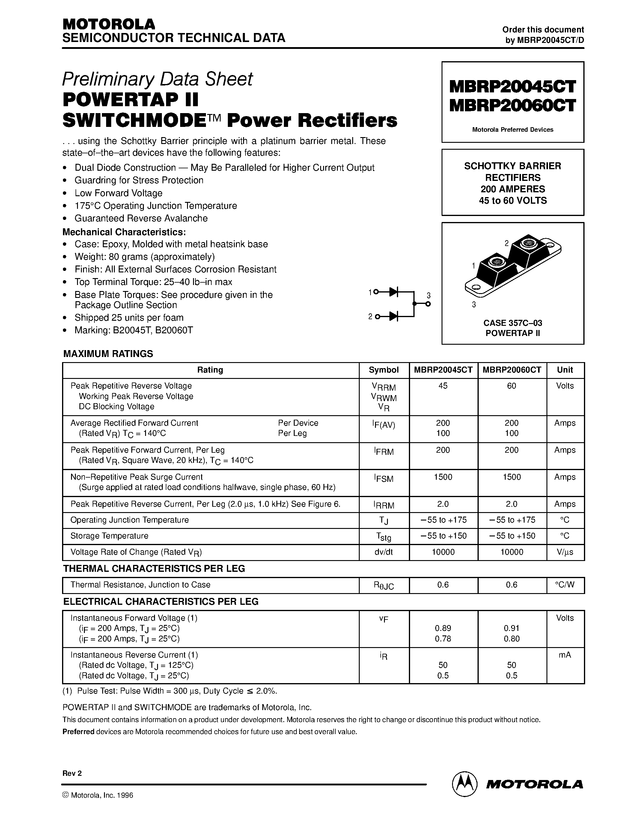 Datasheet MBRP20045CT - SCHOTTKY BARRIER RECTIFIERS 200 AMPERES 45 to 60 VOLTS page 1