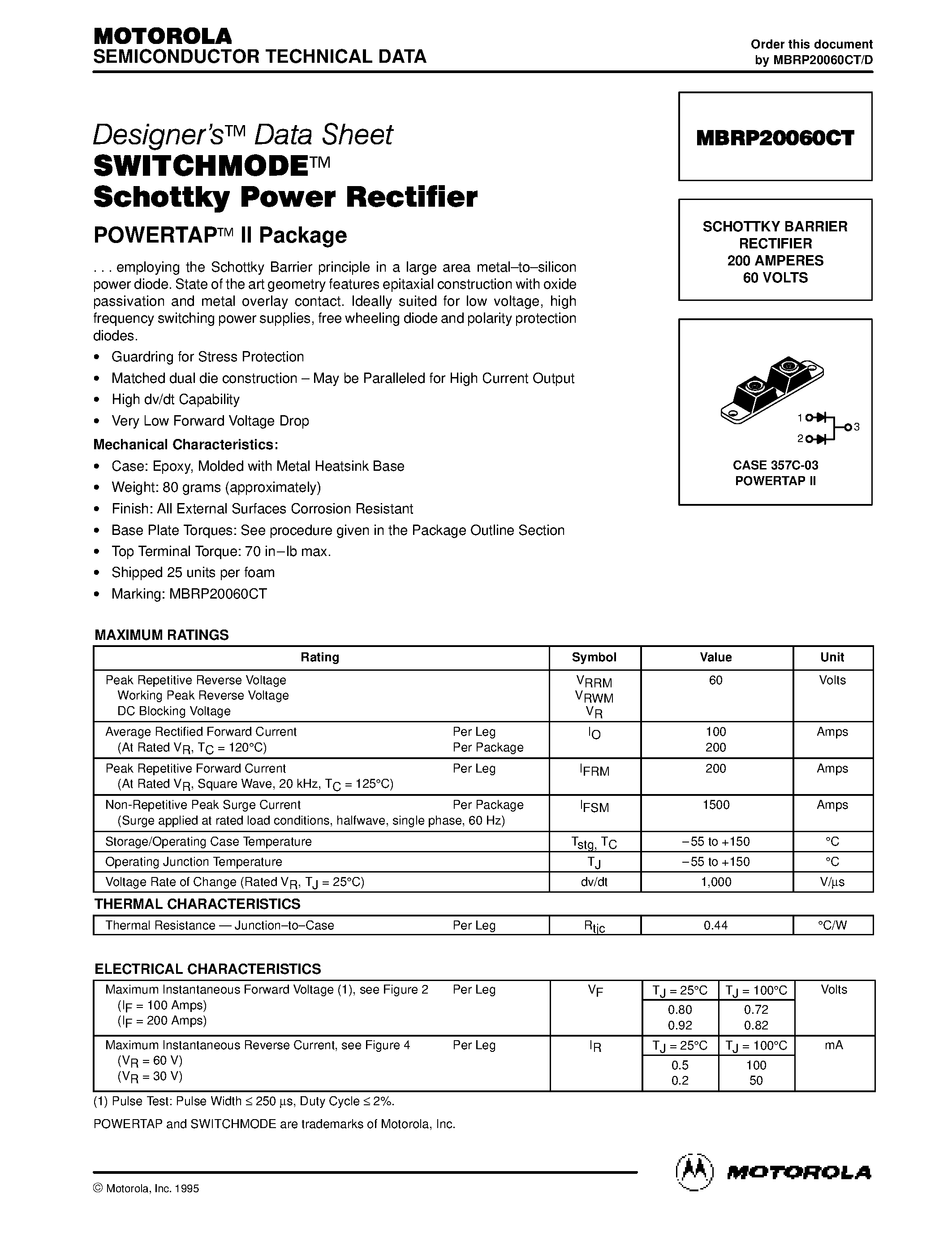 Datasheet MBRP20060CT - SCHOTTKY BARRIER RECTIFIERS 200 AMPERES 45 to 60 VOLTS page 1