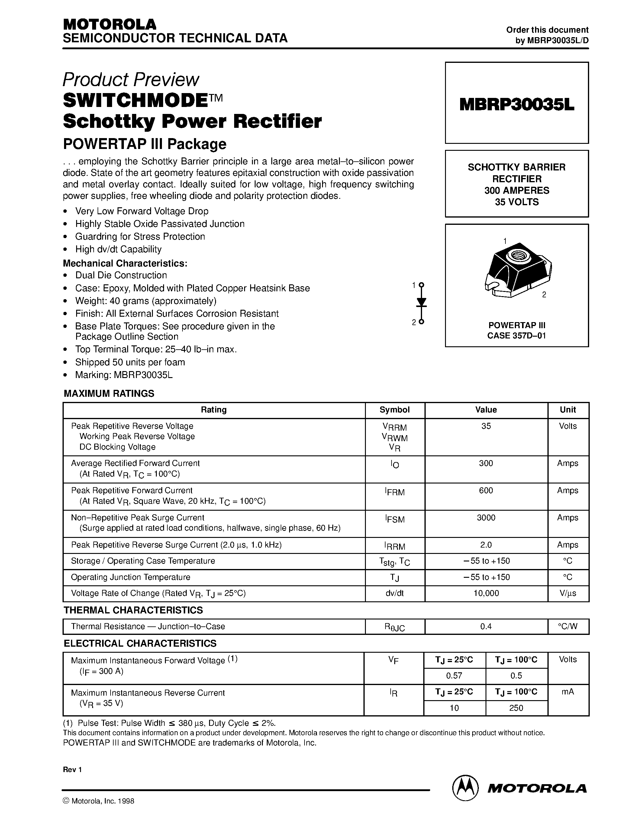 Даташит MBRP30035L - SWITCHMODE Schottky Power Rectifier(POWERTAP III Package) страница 1
