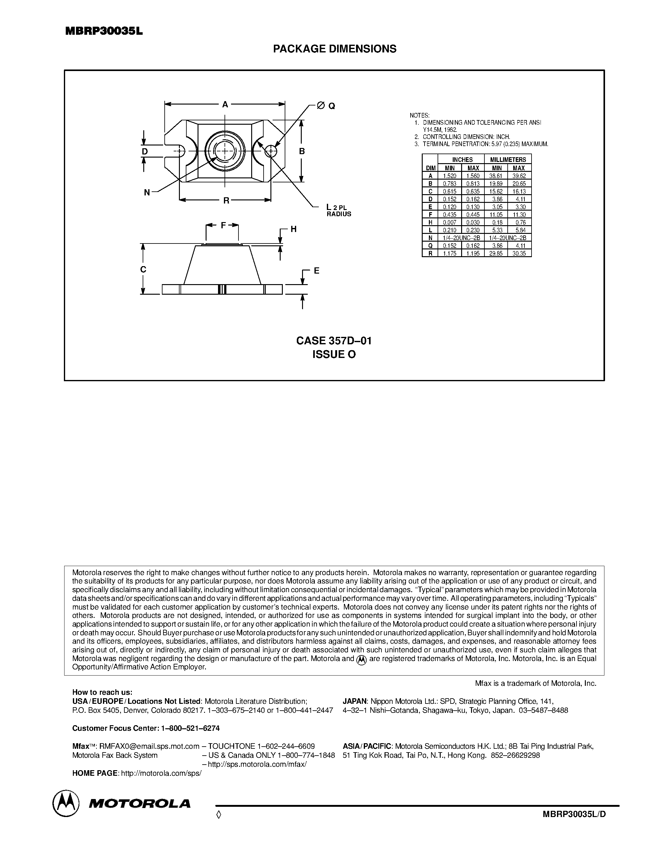Даташит MBRP30035L - SWITCHMODE Schottky Power Rectifier(POWERTAP III Package) страница 2