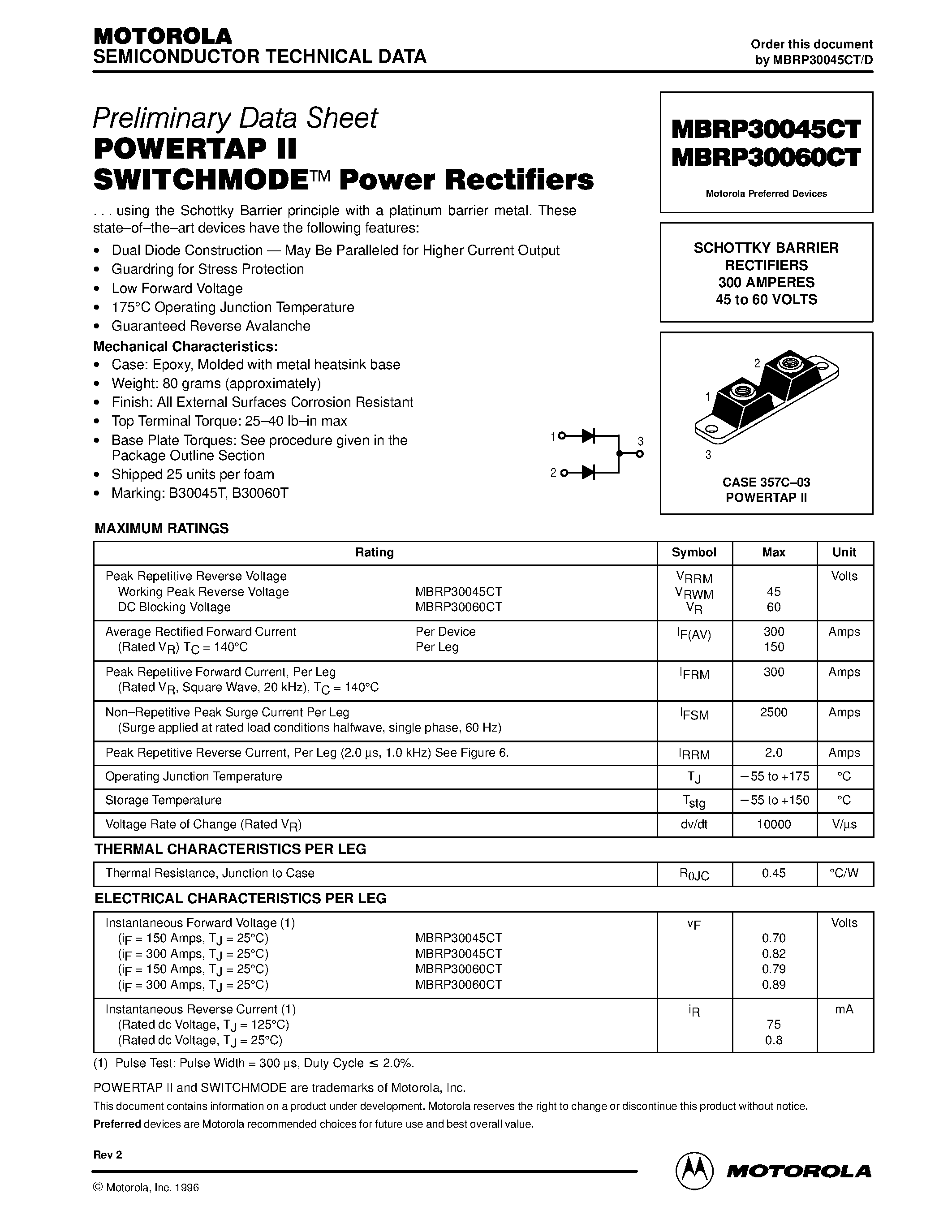 Datasheet MBRP30060CT page 1 Datasheet MBRP30060CT - POWERTAP II SWITCHMODE Power Rectifiers page 1