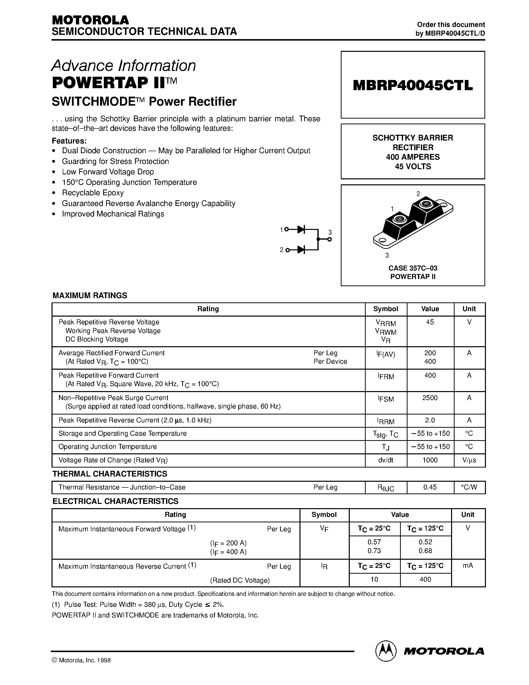 Даташит MBRP40045CTL - POWERTAP II SWITCHMODE Power Rectifier страница 1
