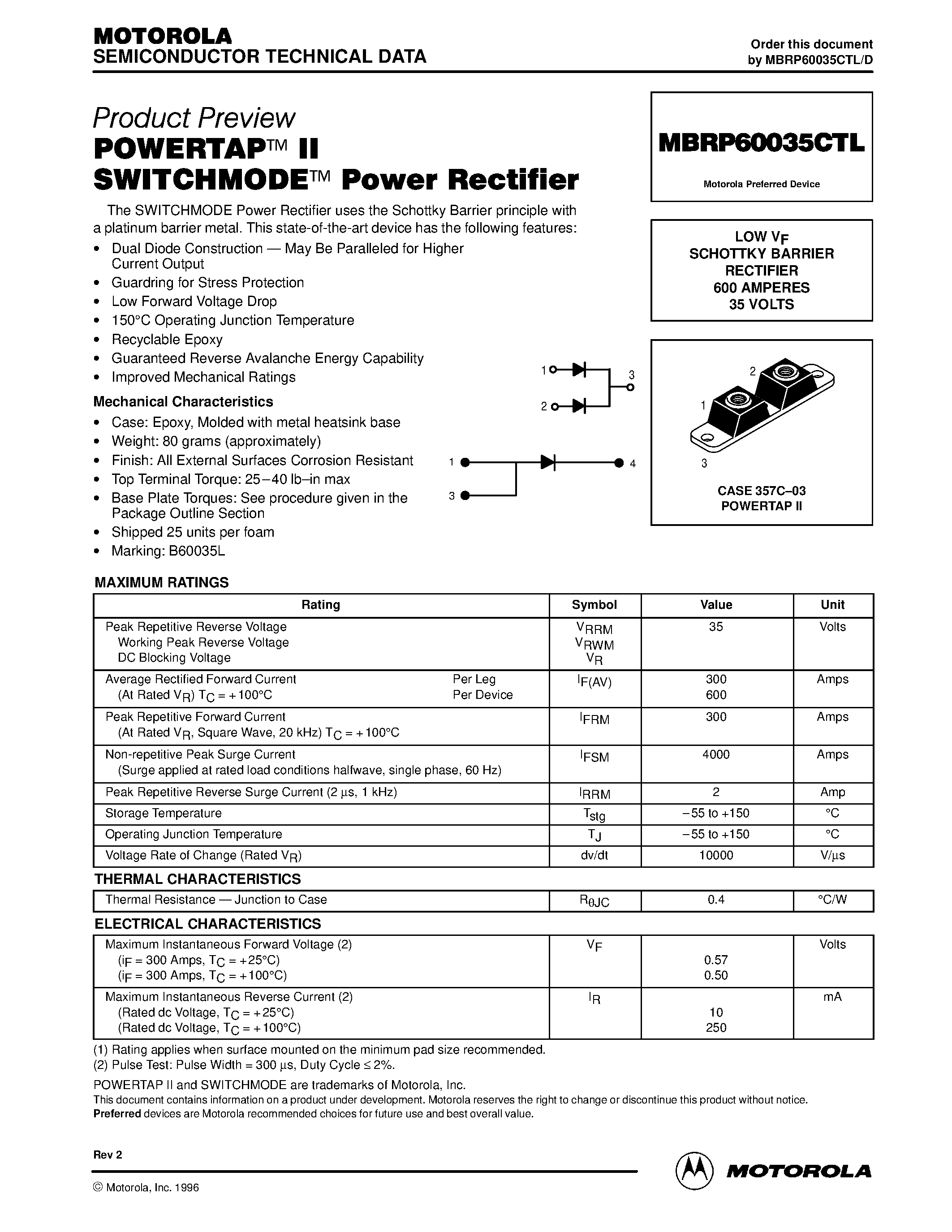 Даташит MBRP60035CTL - POWERTAP II SWITCHMODE Power Rectifier страница 1
