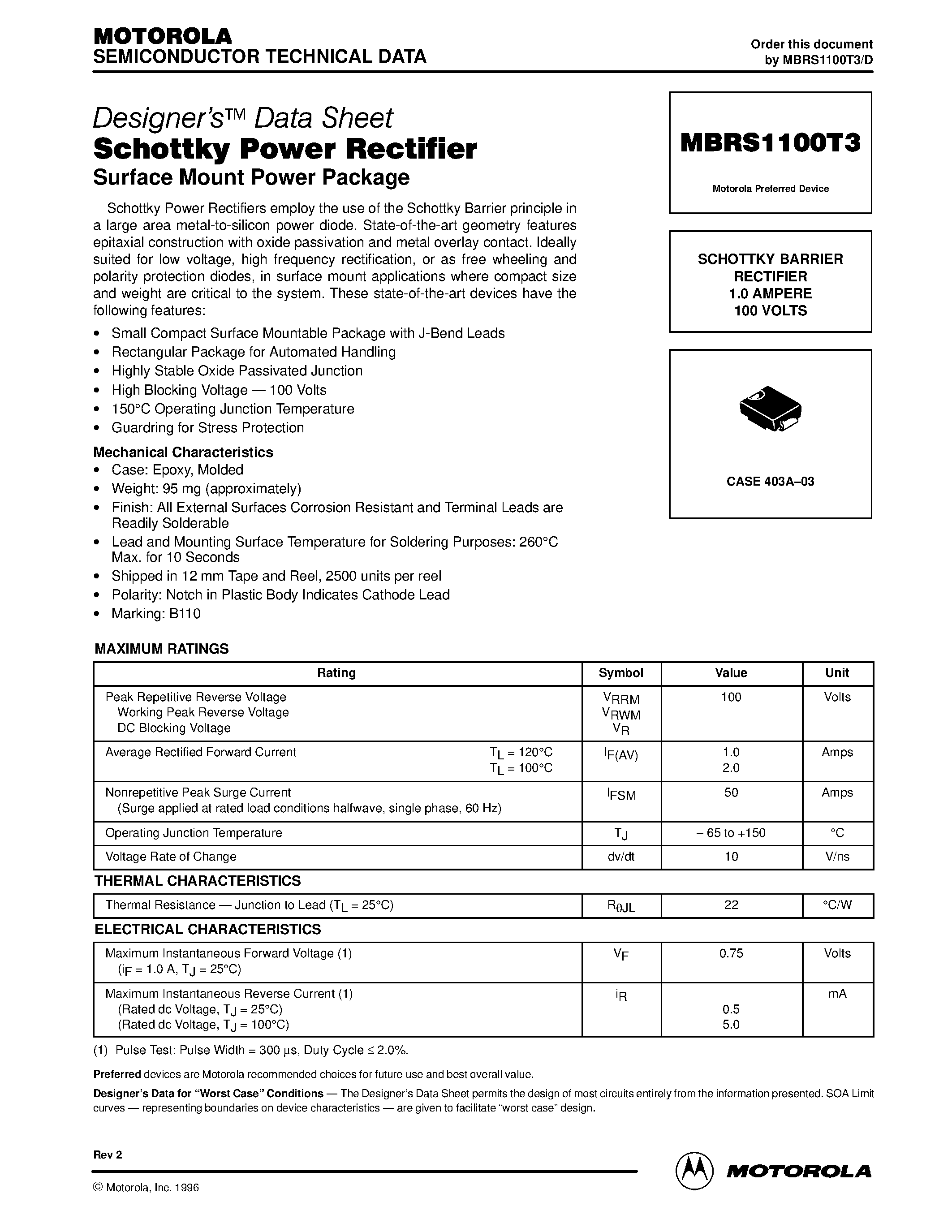 Даташит MBRS1100 - Schottky Power Rectifier(Surface Mount Power Package) страница 1