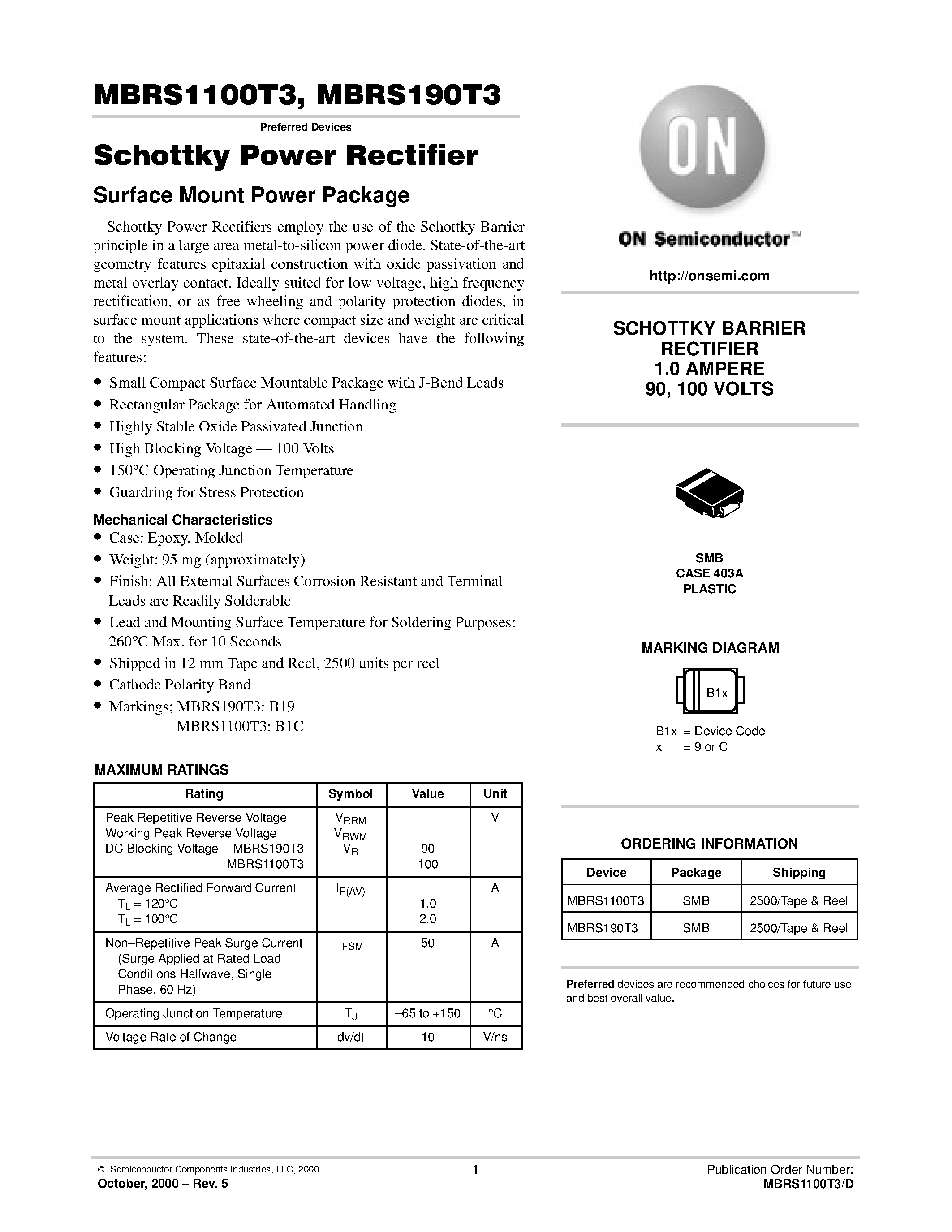 Даташит MBRS1100T3 - Schottky Power Rectifier страница 1