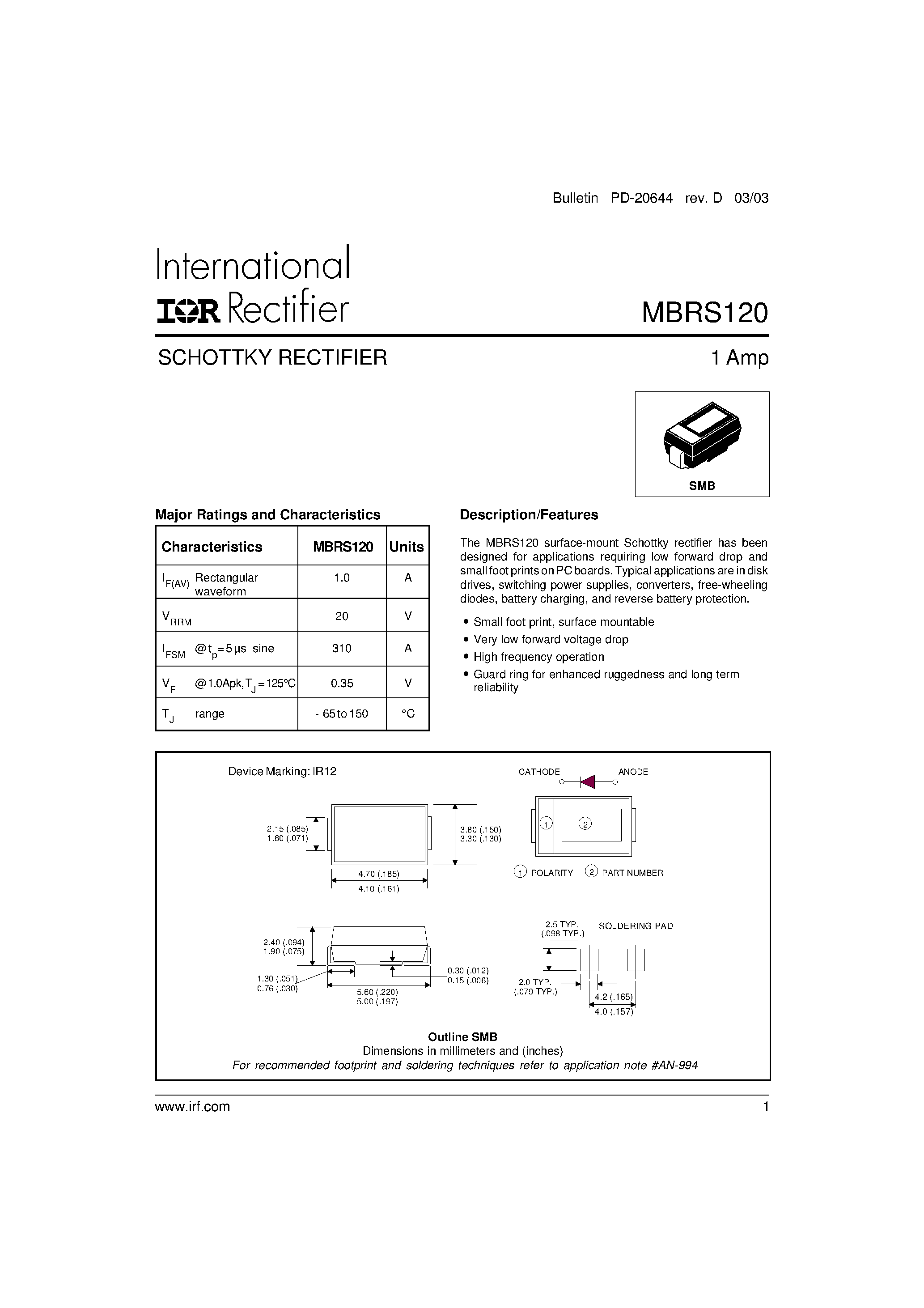 Datasheet MBRS120TR - SCHOTTKY RECTIFIER 1 Amp page 1