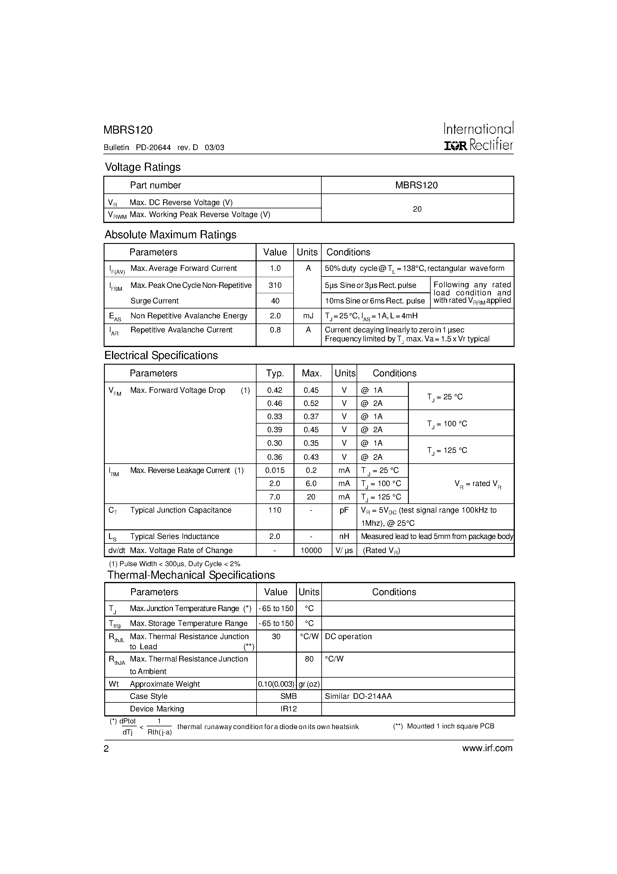 Datasheet MBRS120TR - SCHOTTKY RECTIFIER 1 Amp page 2