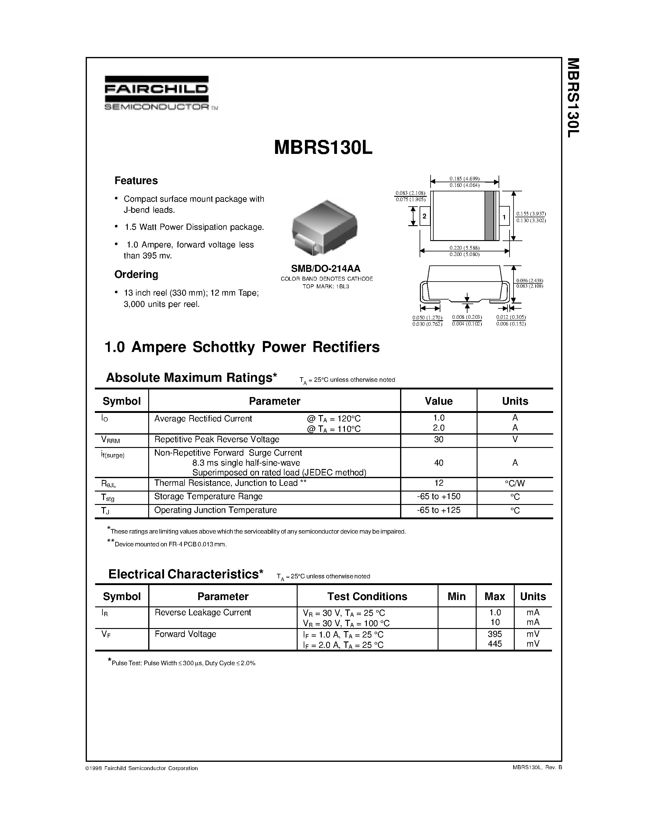 Datasheet MBRS130L - 1.0 Ampere Schottky Power Rectifiers page 1