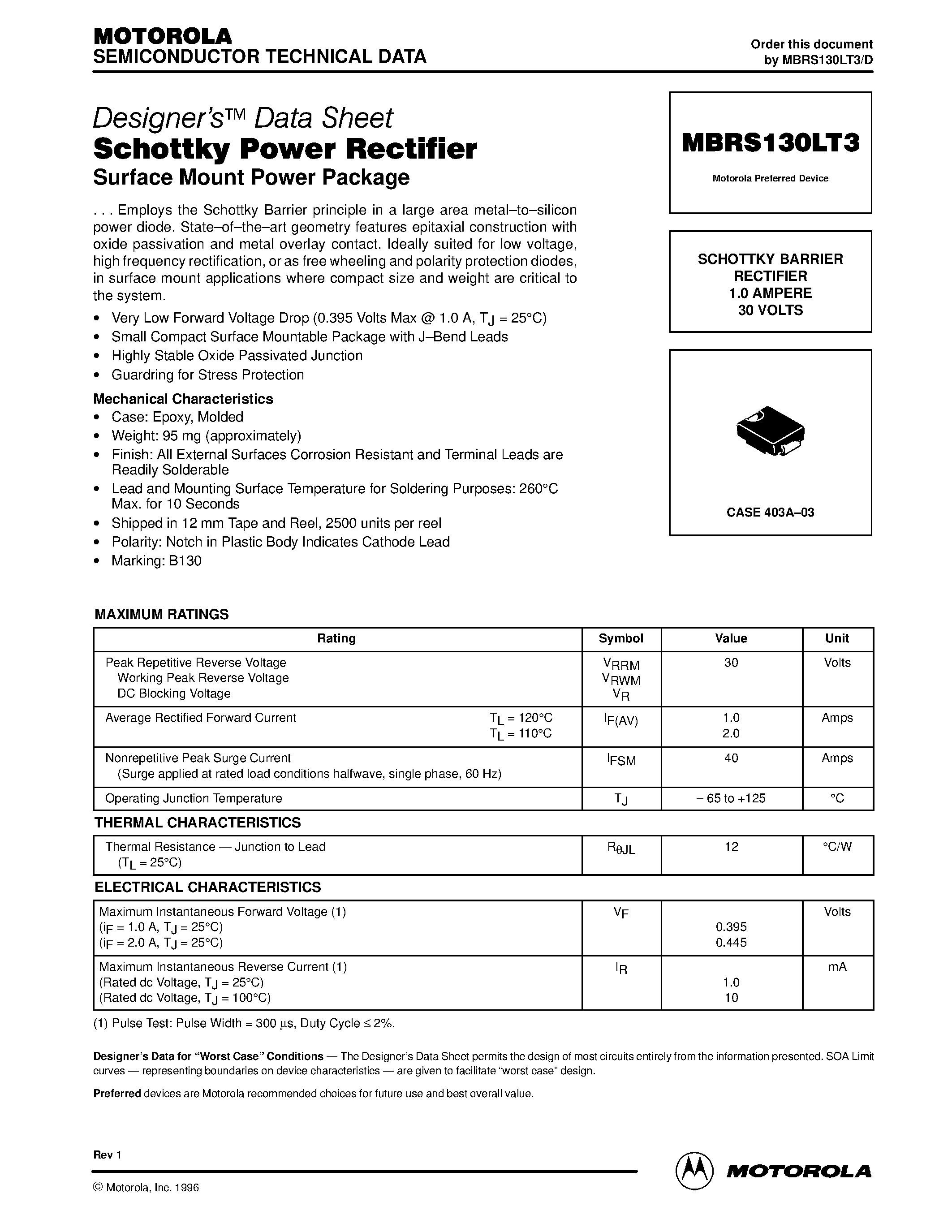 Даташит MBRS130LT3 - Schottky Power Rectifier(Surface Mount Power Package) страница 1