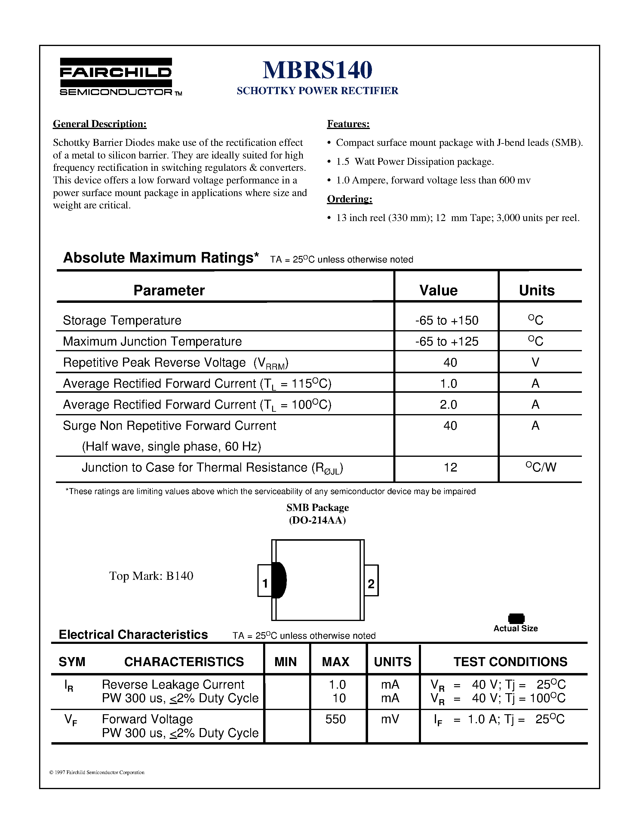 Даташит MBRS140 - SCHOTTKY POWER RECTIFIER страница 1