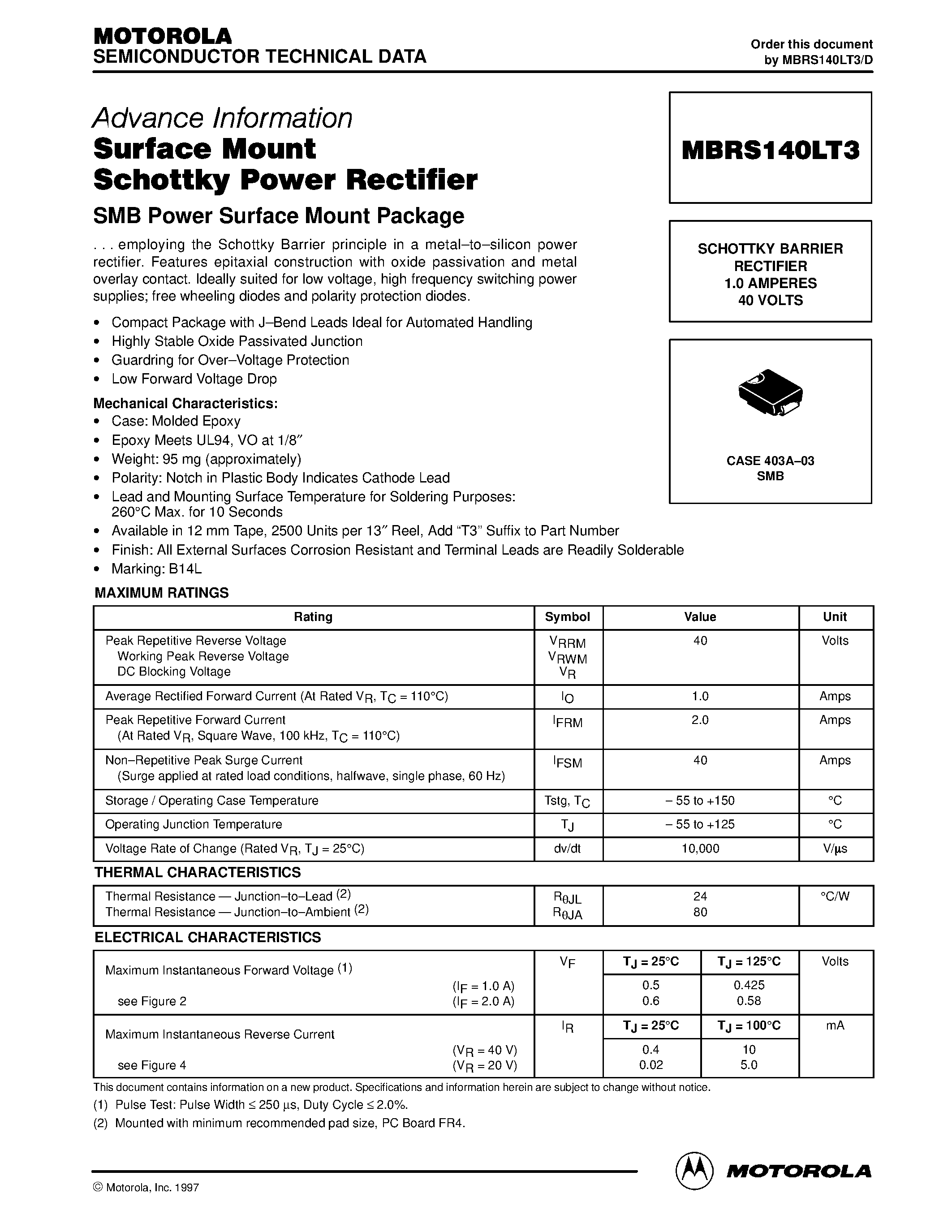 Datasheet MBRS140LT3 - Surface Mount Schottky Power Rectifier(SMB Power Mount Power Package) page 1