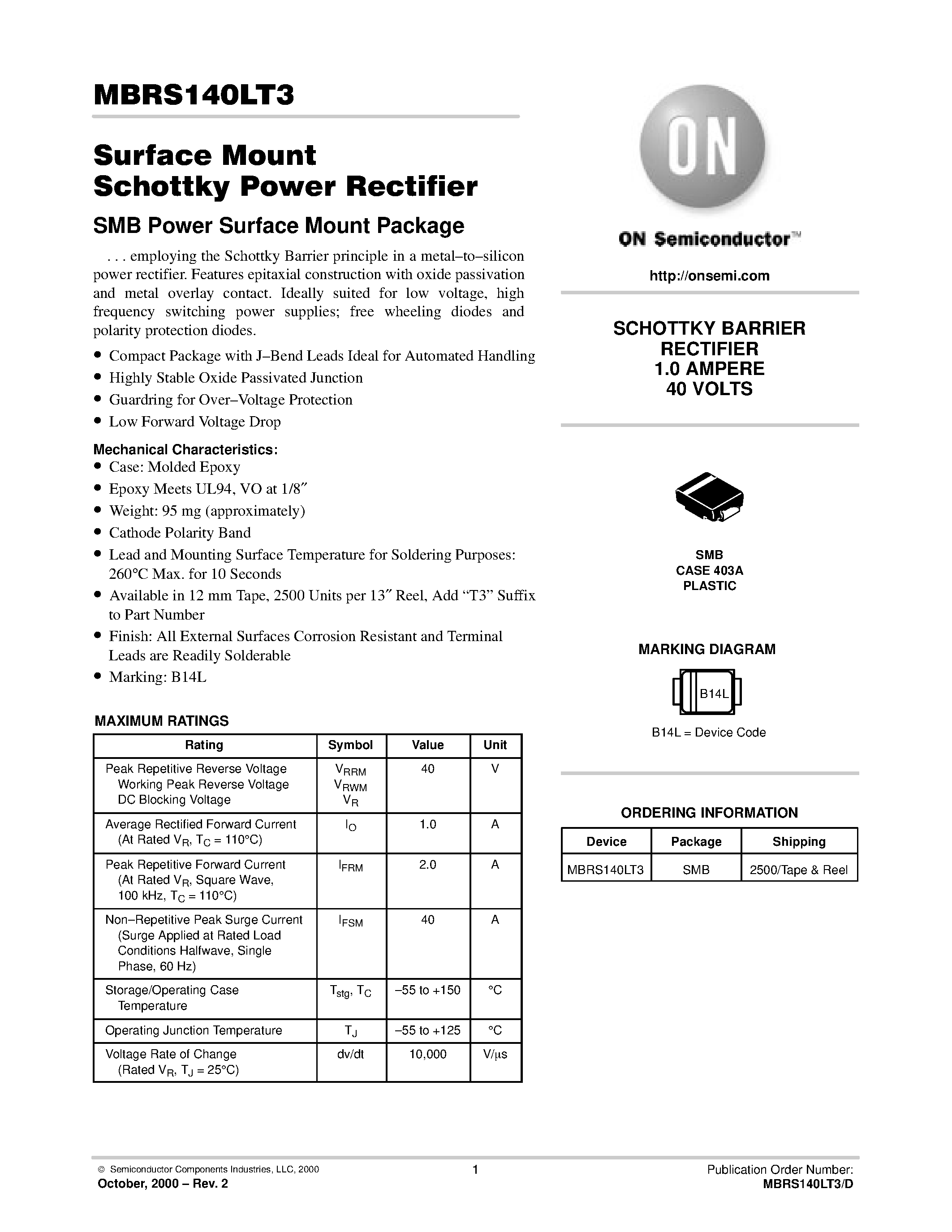 Даташит MBRS140LT3 - Surface Mount Schottky Power Rectifier страница 1