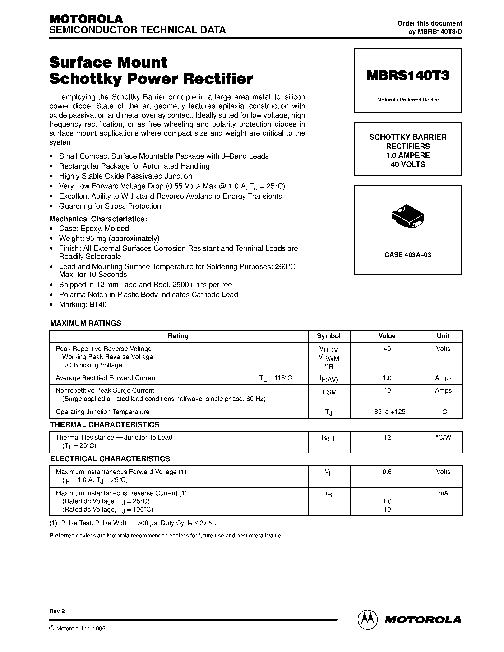 Даташит MBRS140T3 - Surface Mount Schottky Power Rectifier страница 1