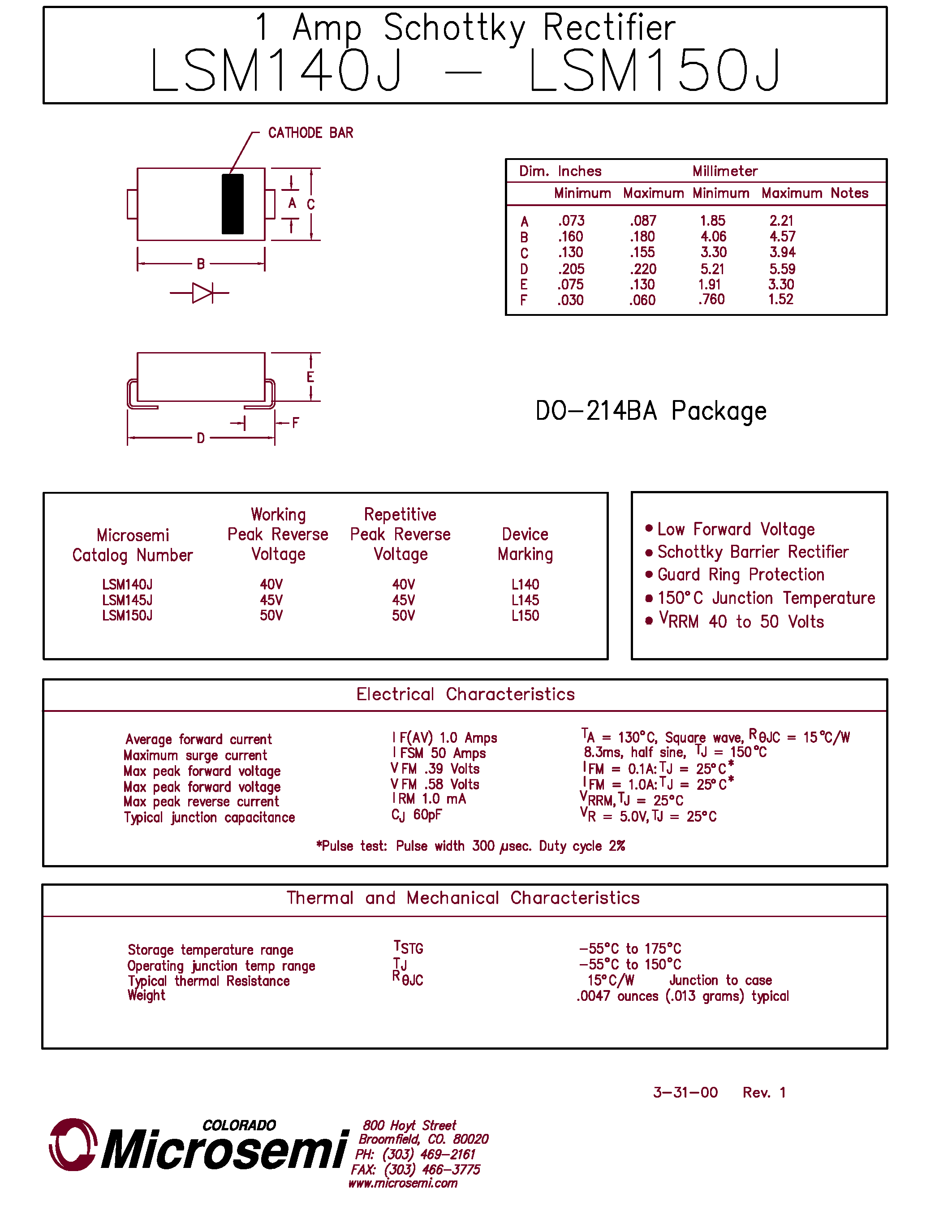 Datasheet MBRS140TR - 1 Amp Schottky Rectifier page 1