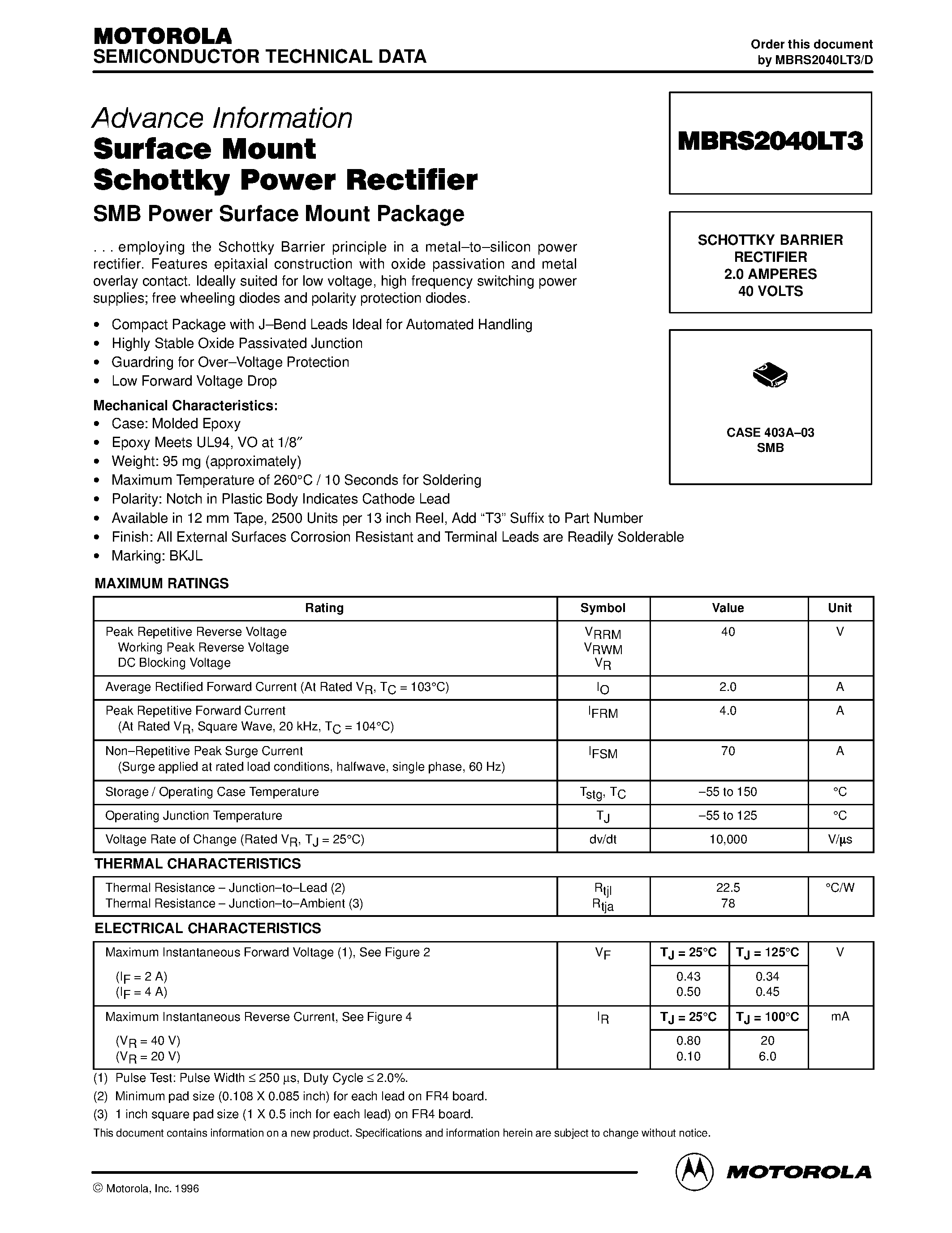 Datasheet MBRS2040LT3 - Surface Mount Schottky Power Rectifier(SMB Power Surface Mount Package) page 1