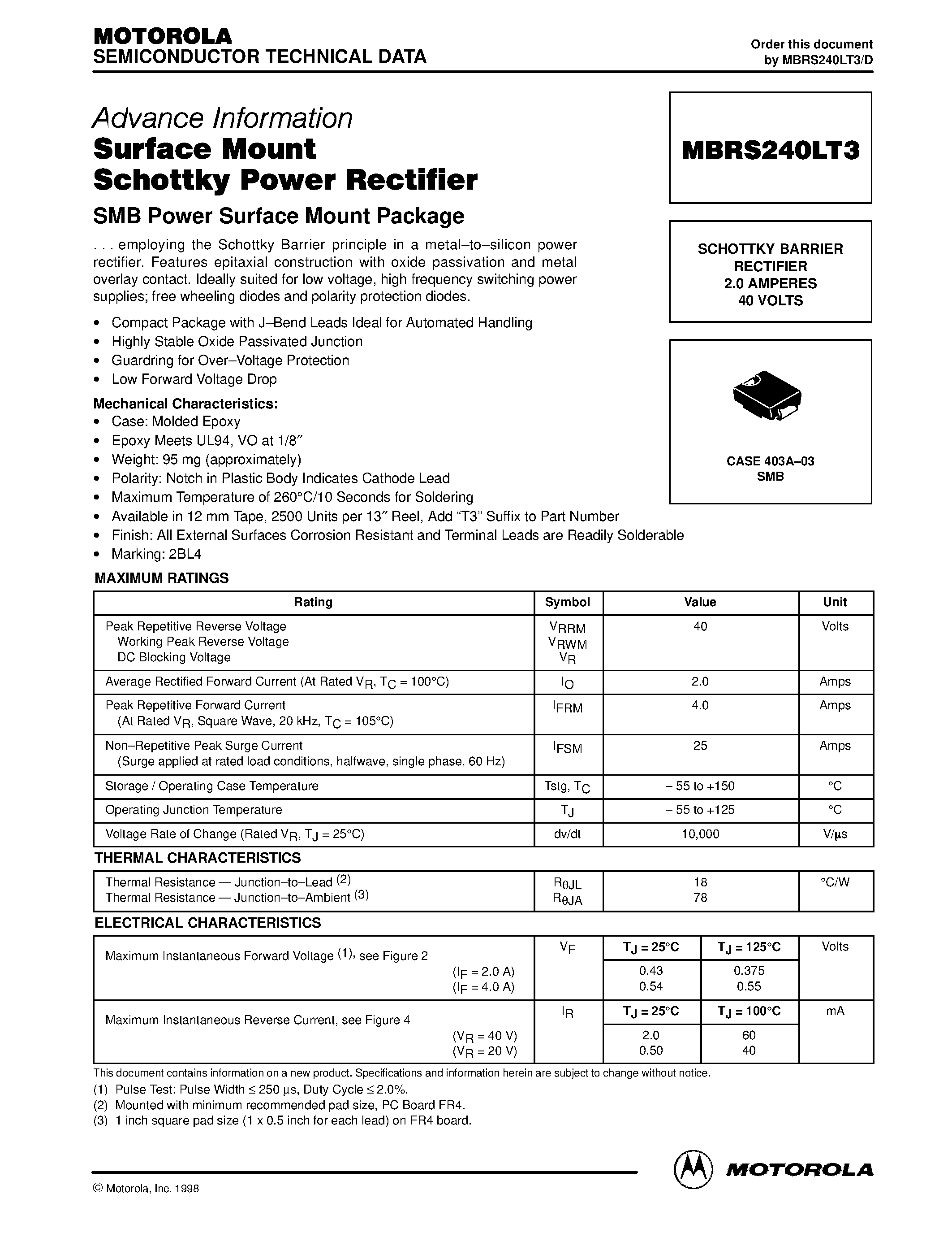 Datasheet MBRS240LT3 page 1 Datasheet MBRS240LT3 - Surface Mount Schottky Power Rectifier(SMB Power Surface Mount Package) page 1