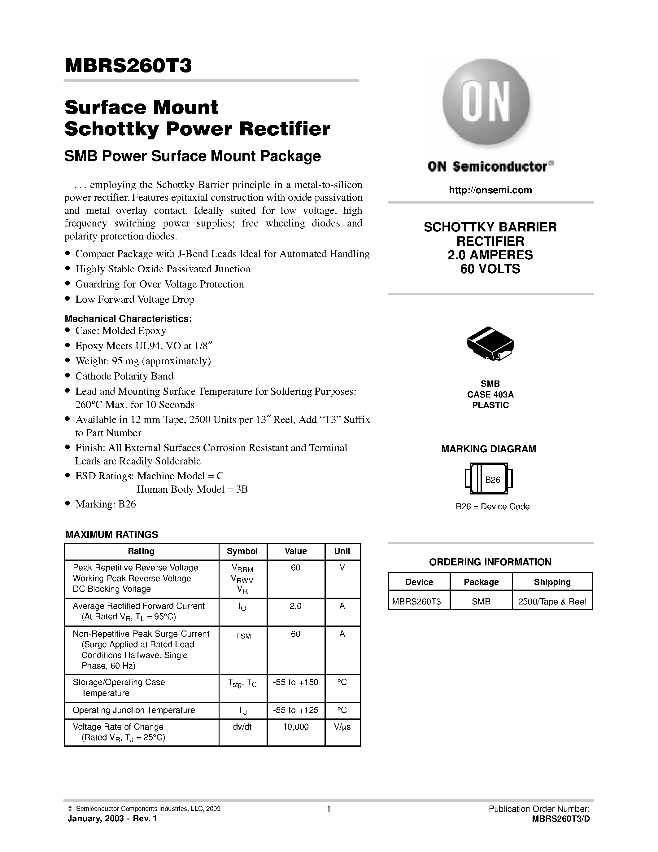 Даташит MBRS260T3D - Surface Mount Schottky Power Rectifier страница 1